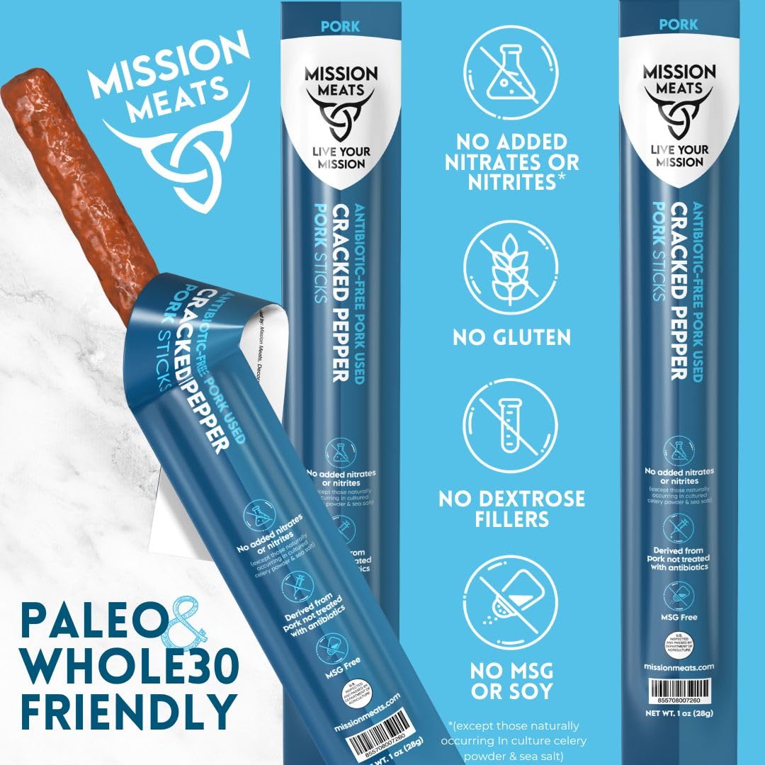 Mission Meats  ed Pepper Pork Meat Sticks, Sugar Free, AIP Friendly, 1oz (12ct)