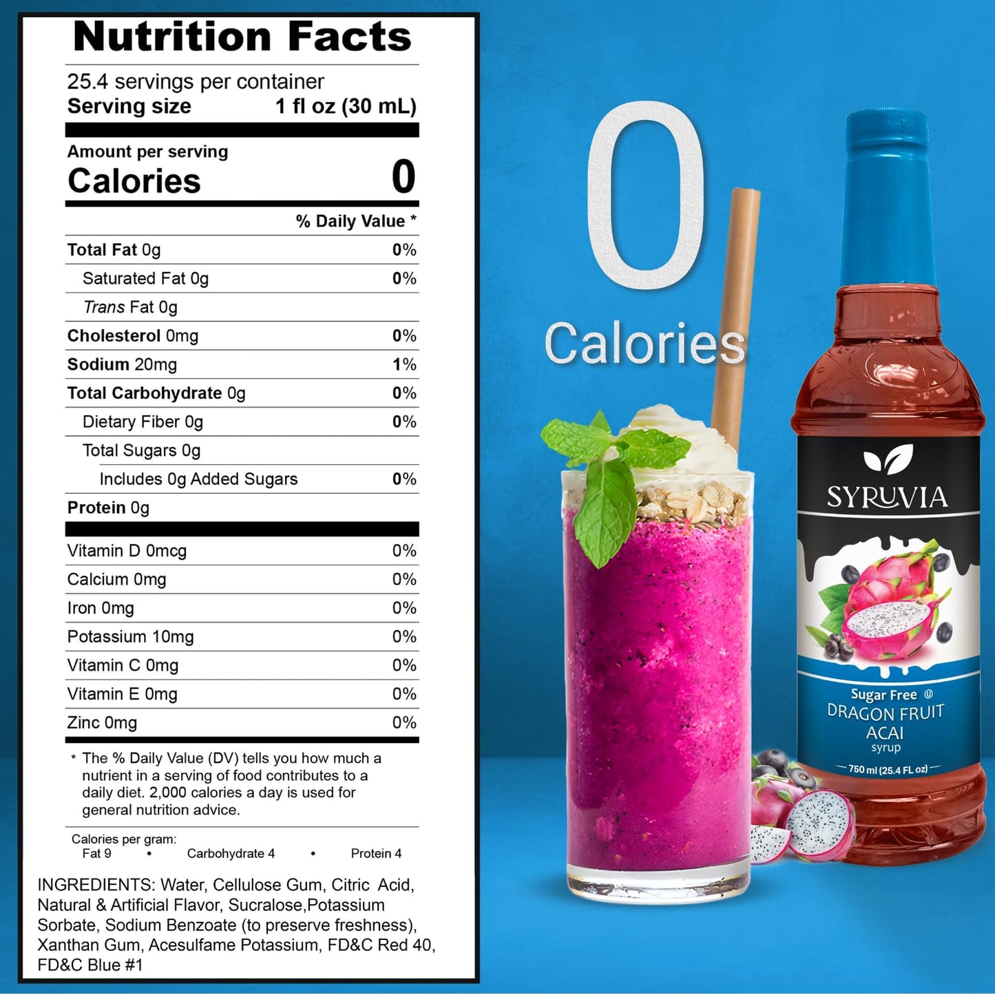 Syruvia Sugar Free Dragon Fruit Acai Syrup With Syrup Pump Dispenser - Dragon Fruit Acai Syrup Flavor, 25.4 Fl Oz - Perfect For