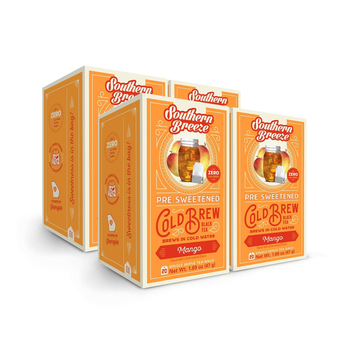 Southern Breeze Cold Brew Sweet Tea Mango Iced Tea With Black Tea And Zero Carbs Zero Sugar, 20 Individually Wrapped Tea Bags, P