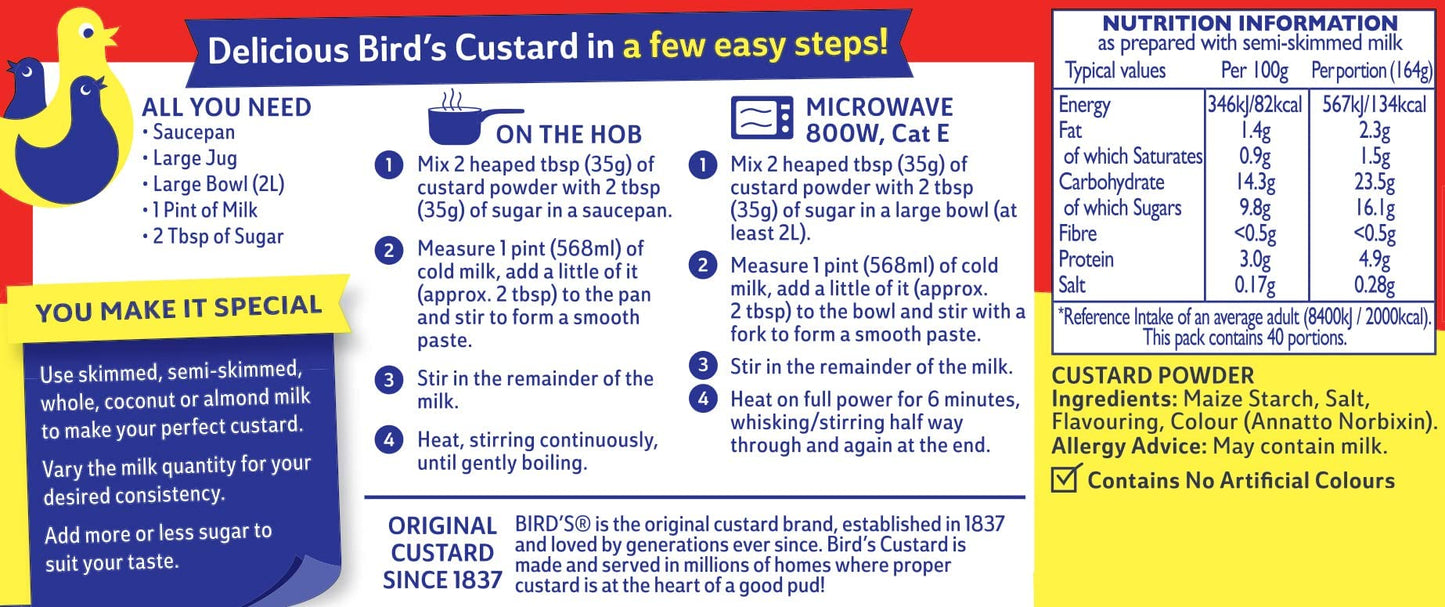 Birds Traditional Custard Powder Dessert Mix Tub, 250g (Pack of 1)