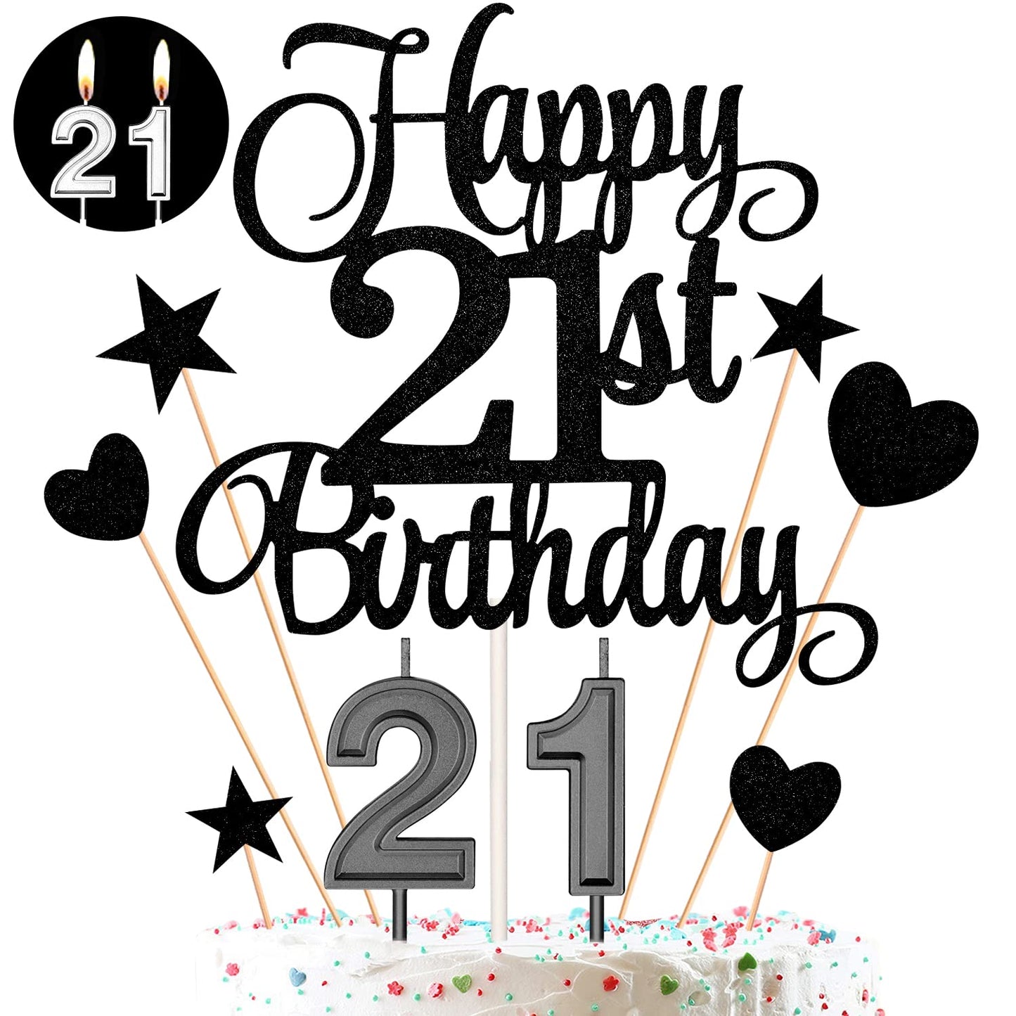 HOGRTi 21st Birthday Cake Decorations Set, Black Series, Includes 21 Cake Candles and Happy Birthday Toppers