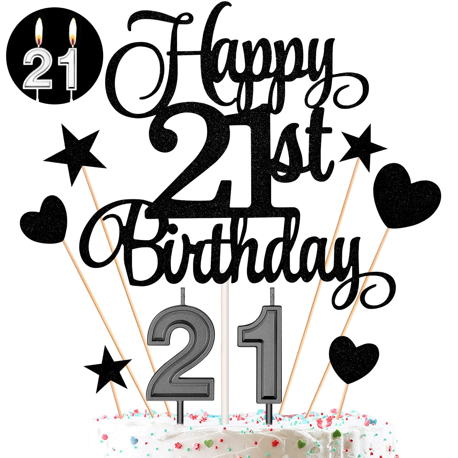 HOGRTi 21st Birthday Cake Decorations Set, Black Series, Includes 21 Cake Candles and Happy Birthday Toppers