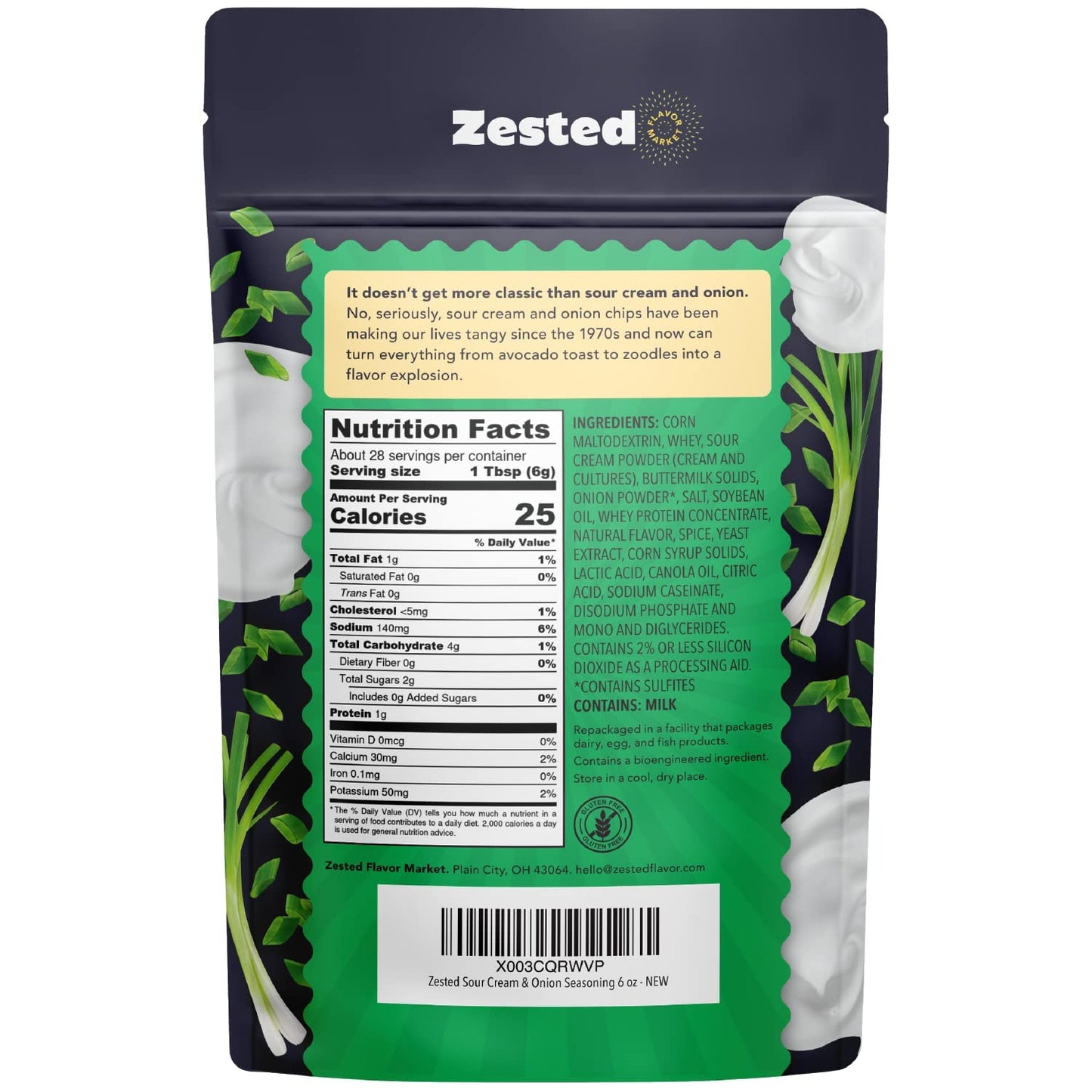 Sour Cream and Onion Seasoning - XL 6 oz Bag - Zested Tangy and Creamy Spice Blend - Gluten-Free and Nut Free - Goes Great On Sn
