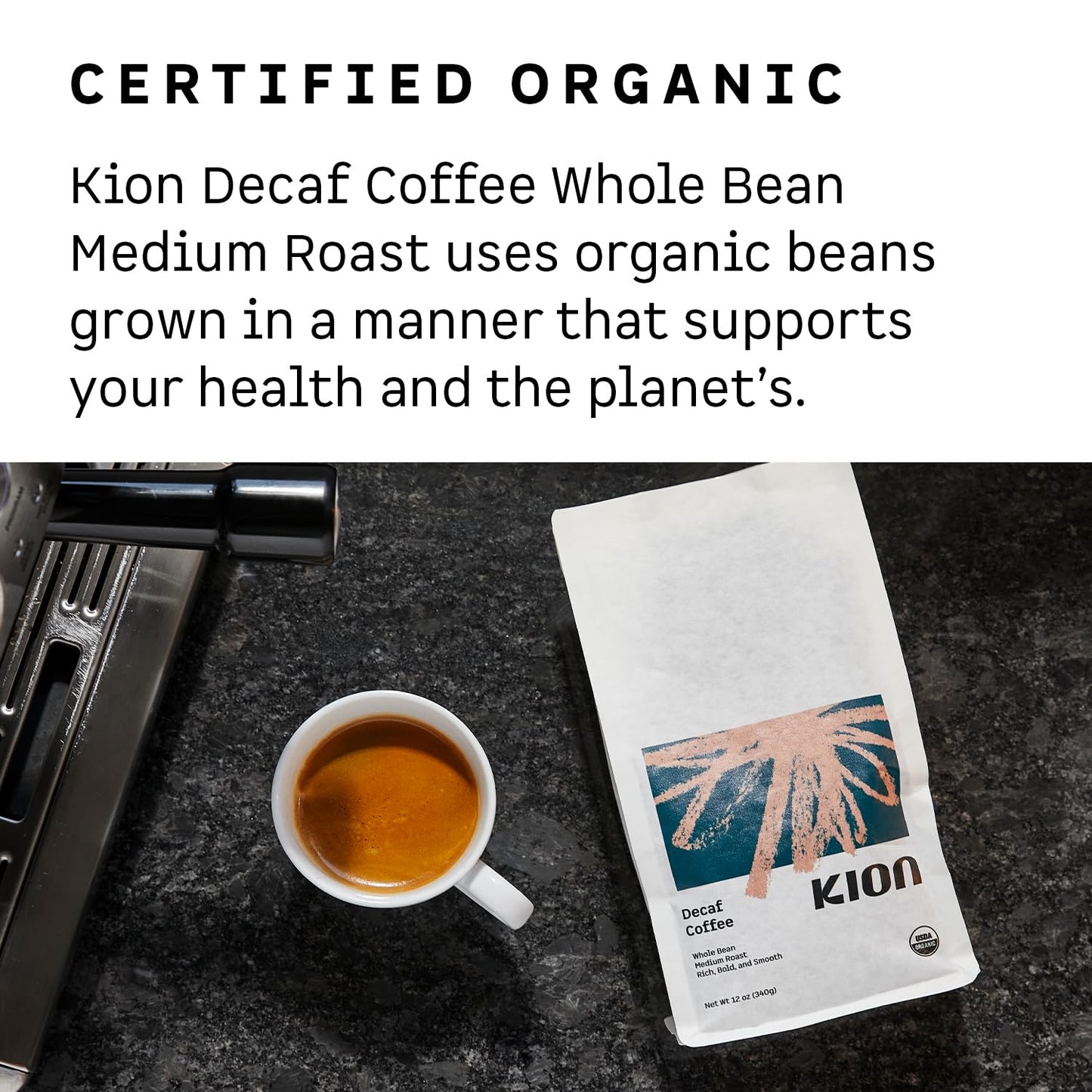 Kion Organic Decaf Whole Bean Coffee  Tested for Toxins  Ethically Sourced  Rich  Bold  and Smooth  Medium Roast 12 Oz (1 Pack)