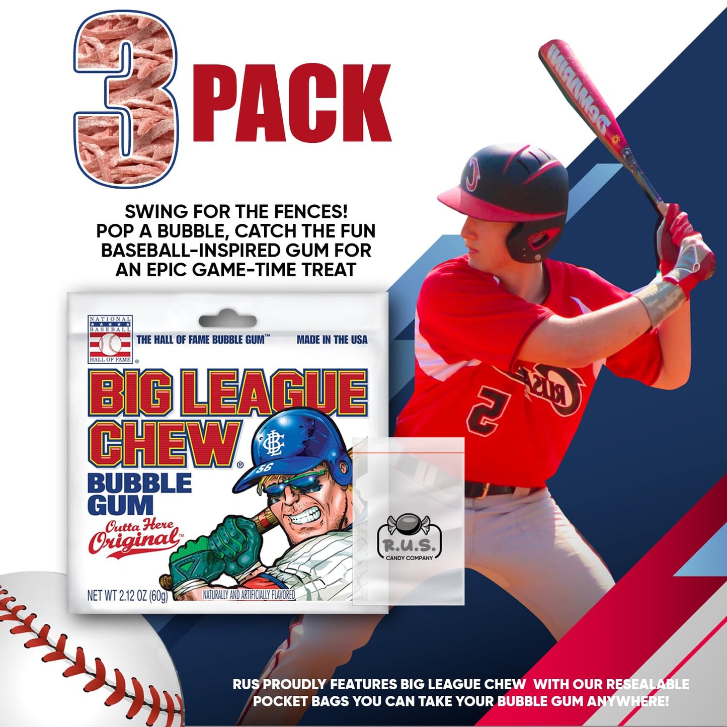 Big League Chew- Outta Here Originalflavored Shredded Bubble Gum- 3 Pack- 2.12Oz Each Plus Rus Candy Company Pocket Bag Bundle (