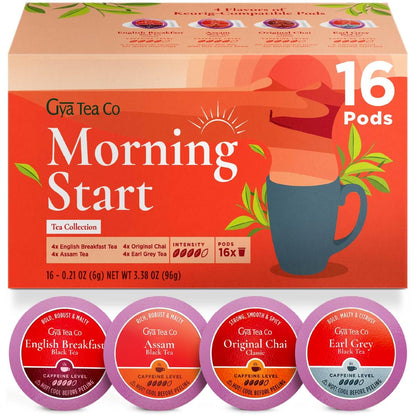 Gya Tea Co Morning Start Tea Gift Set (16 ct) - Assorted Tea Pod Variety Pack with English Breakfast, Assam, Original Chai & Ear