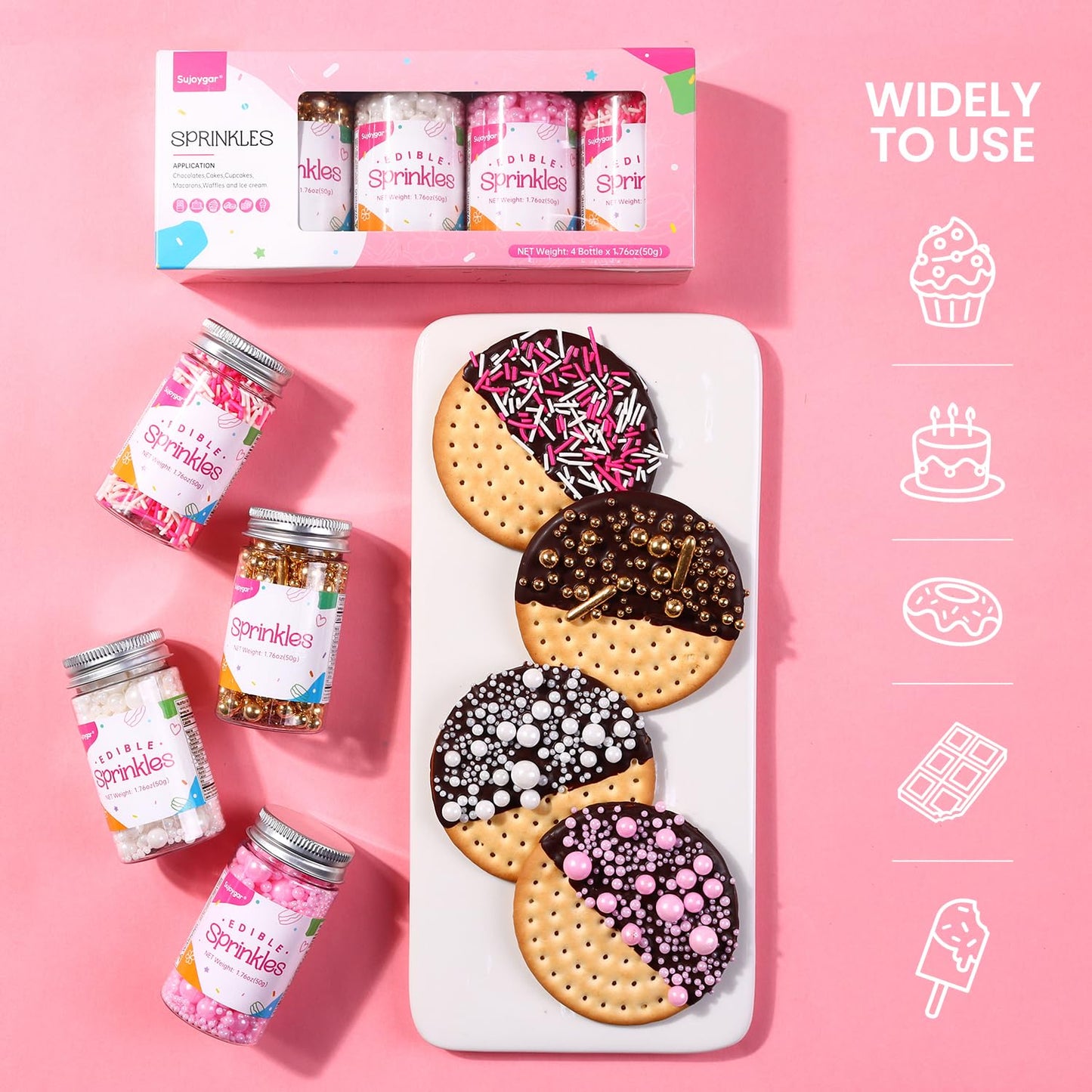 Sprinkles For Cake Decorating, Sujoygar Fancy Sprinkles Set For Cupcake Toppers, White Deluxe Pink Gold Sprinkles Mix For Ice Cr