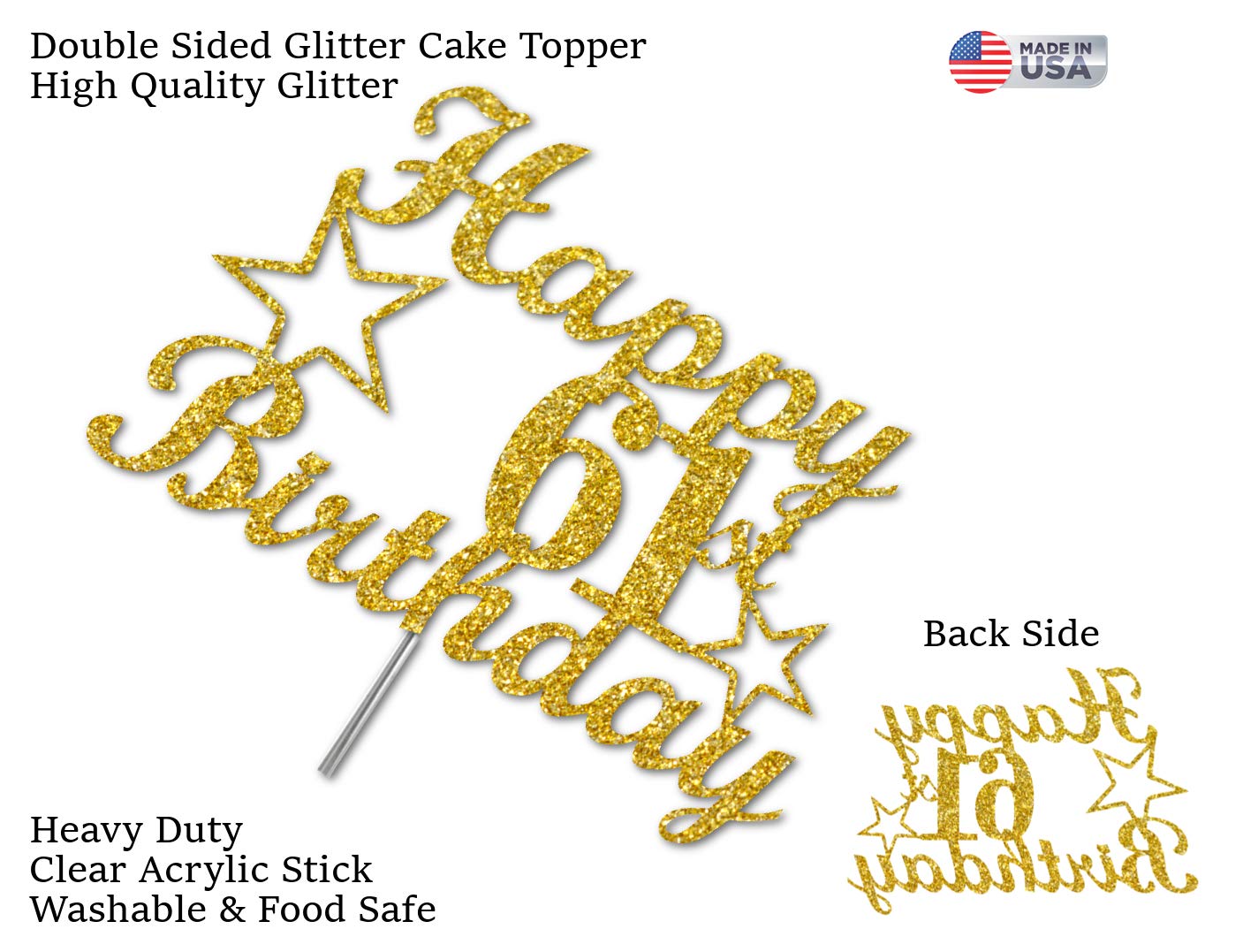 61 Birthday Cake Topper Gold Glitter, Party Decoration Ideas, Premium Quality, Sturdy Doubled Sided Glitter, Acrylic Stick. Made