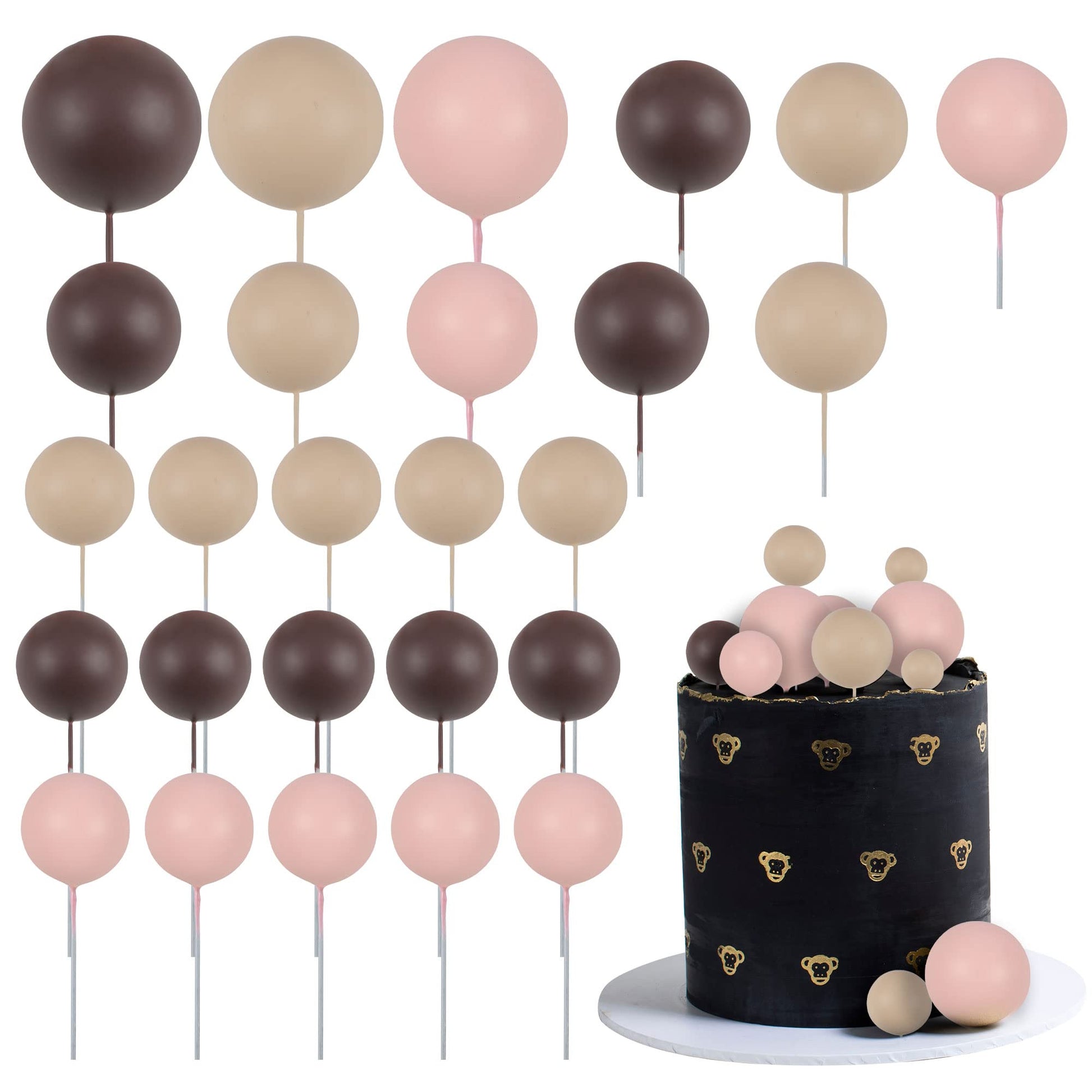 Gyufise 30Pcs Mini Balloon Cake Topper Brown Foam Ball Cake Topper Decorations Faux Pearl Balls Diy Cake Insert Topper Baking De