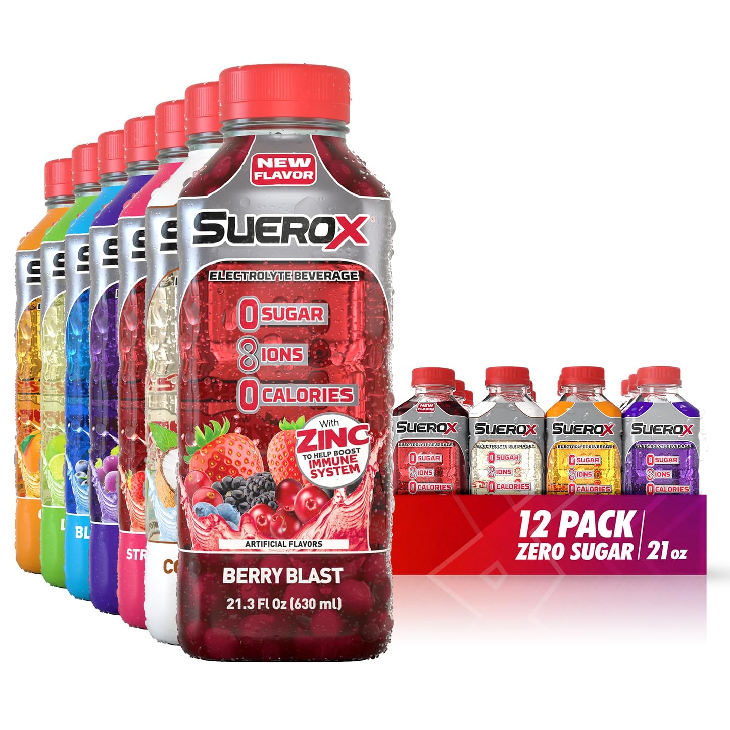 SueroX Zero Sugar Electrolyte Drink, Unique Blend of Electrolytes, 21.3 Fl Oz, 12 Pack, Red