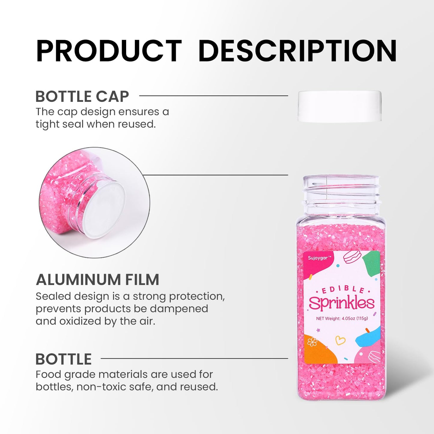 Pink Sprinkles For Cake Decorating, 4.02Oz Pink Sanding Sugar Sprinkles, Edible Glitter Sprinkles For Cupcake Toppers Baking Dri