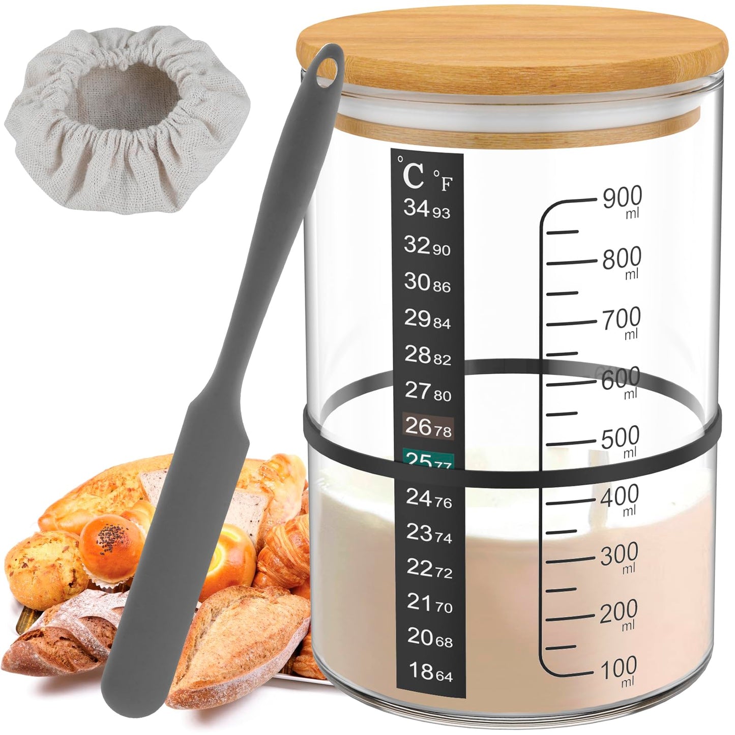 OKYMOTOR Sourdough Bread Starter Kit with 34 oz Jar, Thermometer Strips, and Breathable Covers - Brown