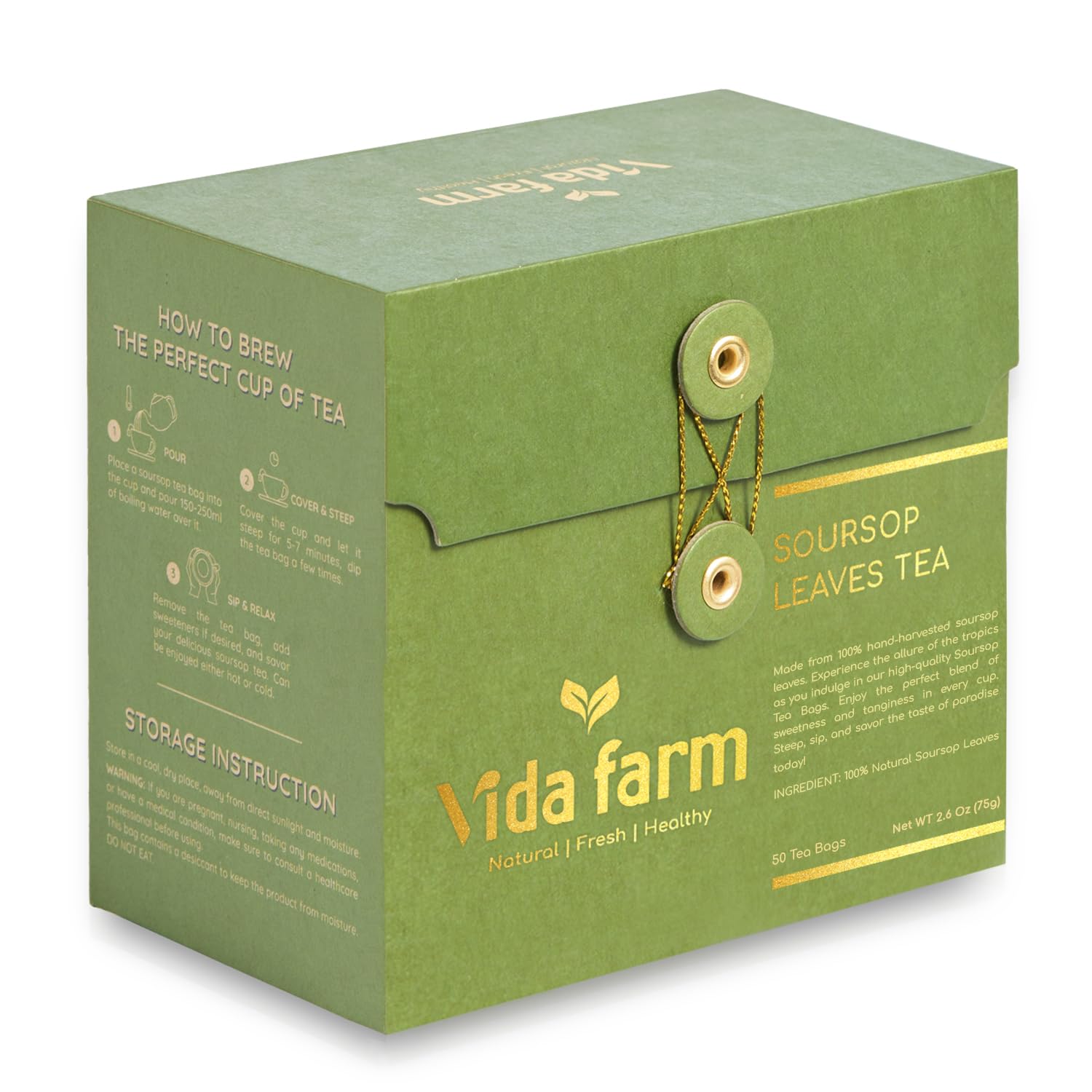 VIDA FARM Soursop Tea Bags, 100% Natural Pure Leaves, Caffeine Free, 50 Bags, Dark Yellow