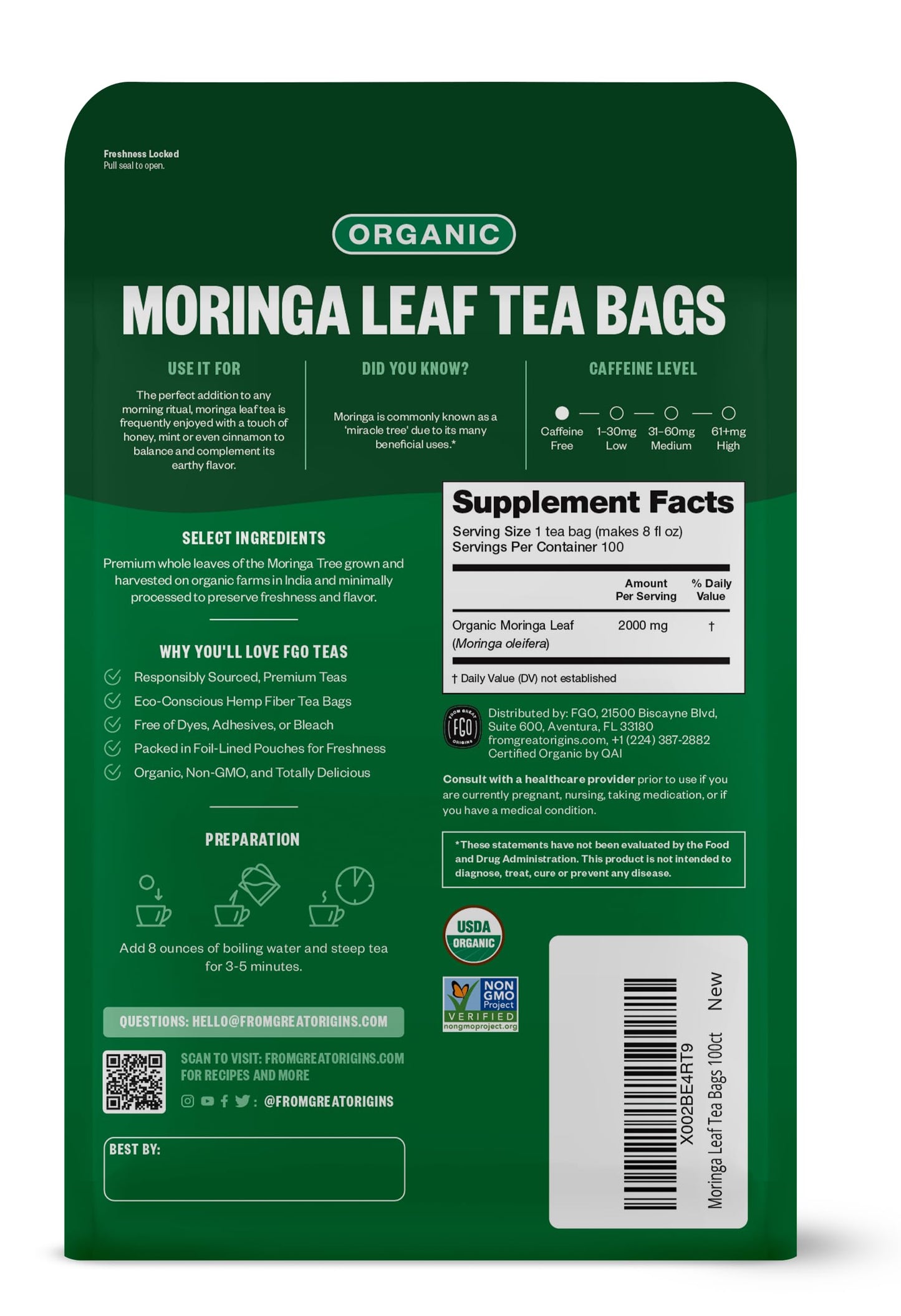 FGO Organic Moringa Tea Bags | Eco-Conscious Kraft Bag | 100 Count | Raw from India