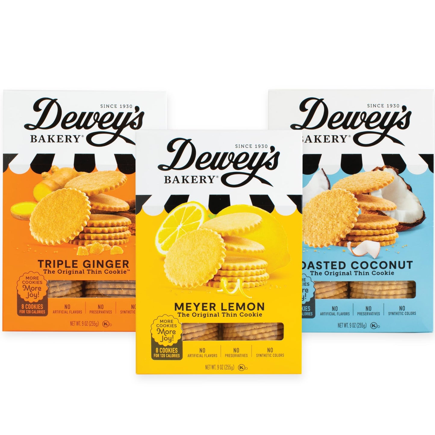 Deweys Bakery Meyer Lemon, Triple Ginger & Toasted Coconut Moravian Cookie Thin Variety Pack, 9 oz (Pack of 3)