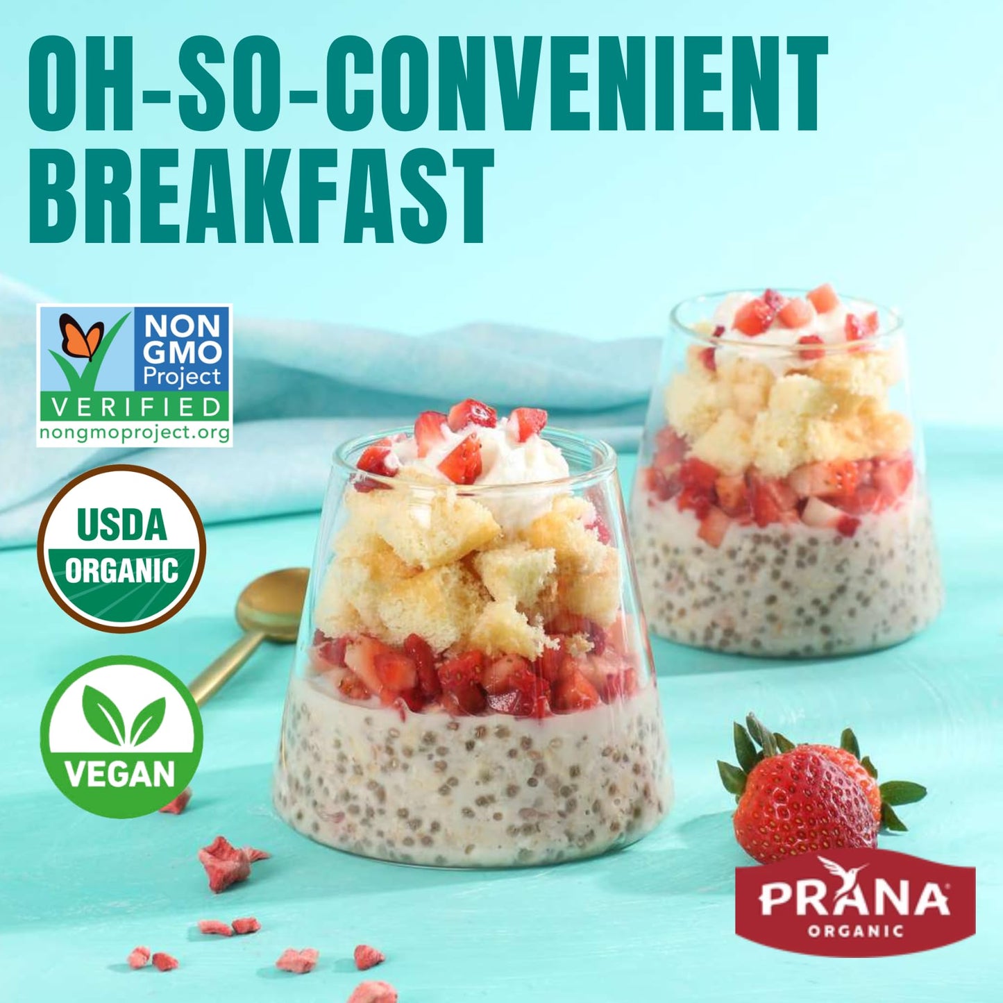 Prana Organic Overnight Chia with Oats Strawberry Shortcake | 28 oz Bags - 2 Pack | Rich in Fiber & Protein, Vegan, Non-GMO | Re