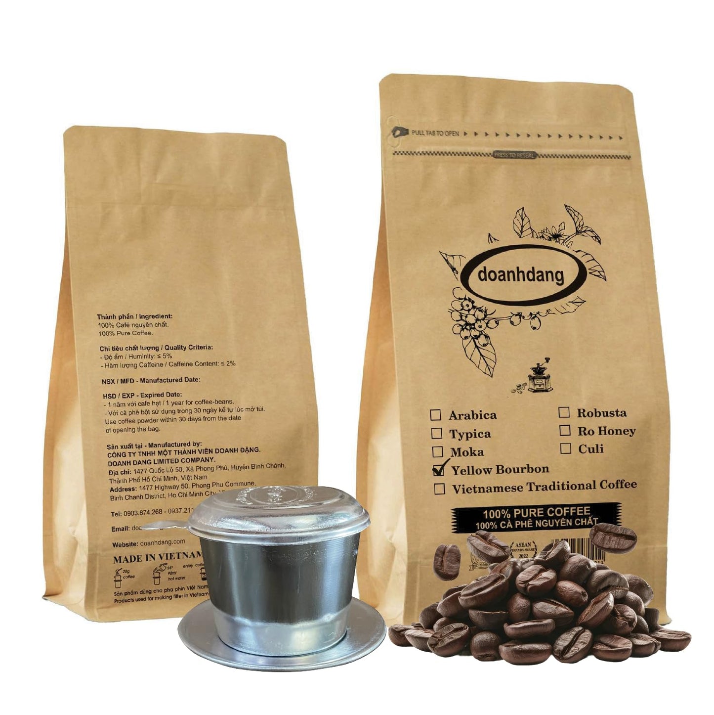 Doanhdang - 17.6 Oz Enhanced Yellow Spirit-Inspired Flavor Whole Bean Coffee, 100% Medium Roast, Rich Flavor For Espresso Shot And Brew, Origin From Vietnam, Whole Med Roast Beans