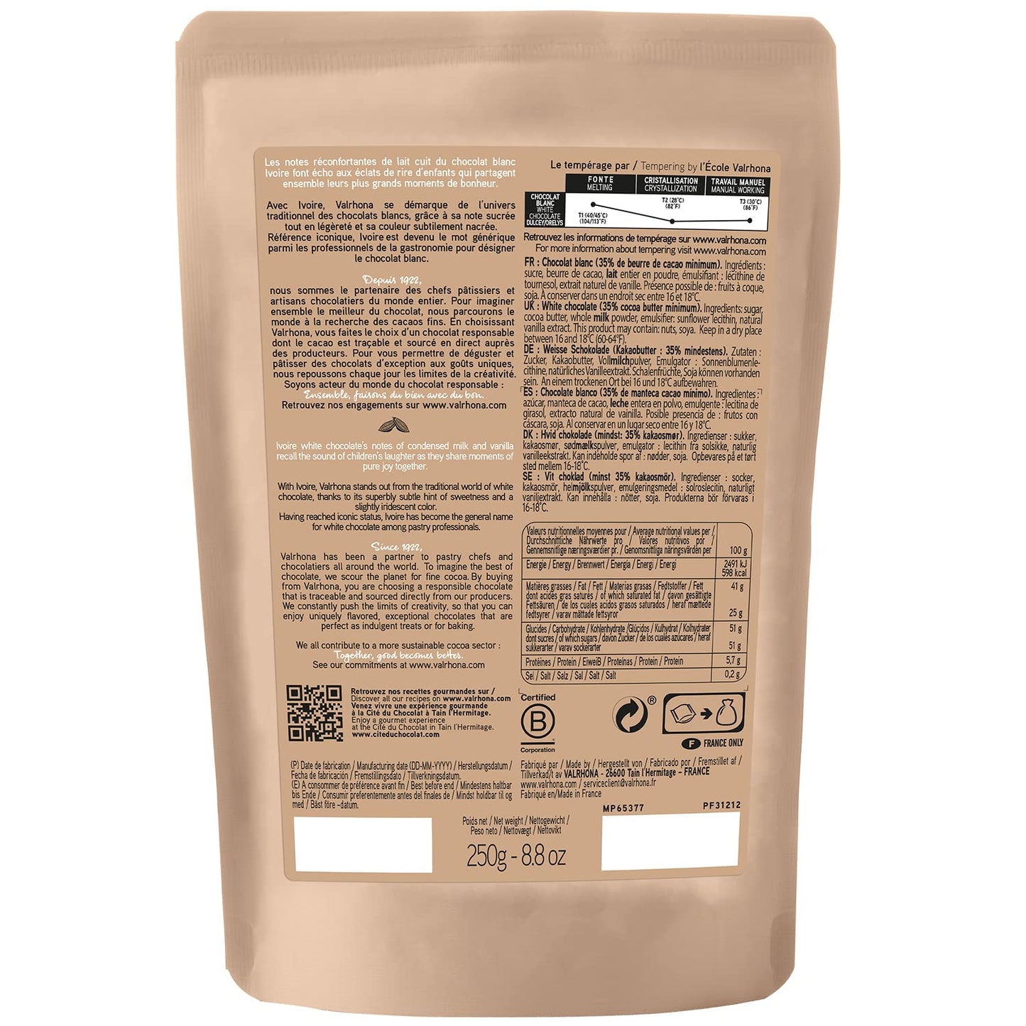 VALRHONA White Chocolate Discs 35% Cacao for Baking, Sauces, and Frostings, 250g Pack