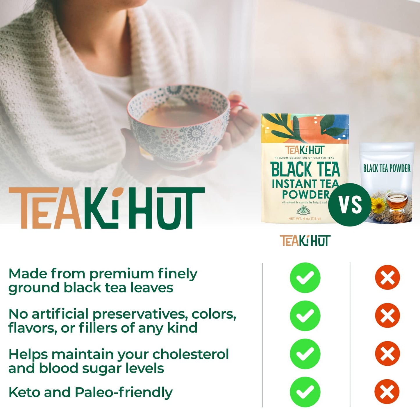 TEAki Hut Instant Black Tea Powder, Unsweetened, 4 oz, 113 Servings