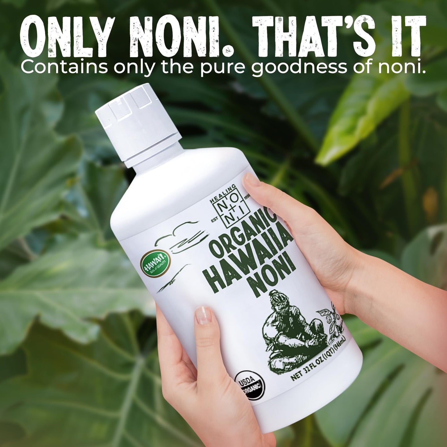 Healing Noni - 2-Pack Plastic Bottle 32oz - 100% Pure Hawaiian Organic Noni Juice - All-Natural - Farm Direct