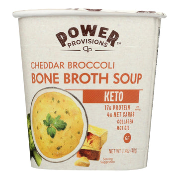 Power Provisions Cheddar Broccoli Bone Broth Soup Cups - Keto Instant Soup Cup - Collagen Infused with 17g of Protein - Gluten-F