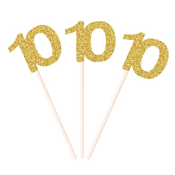 Unimall 24 Pieces Number 10 Cupcake Toppers, Gold Glitter 10Th Birthday Cupcake Picks Mini Cake Decorations For 10 Years Old Bir