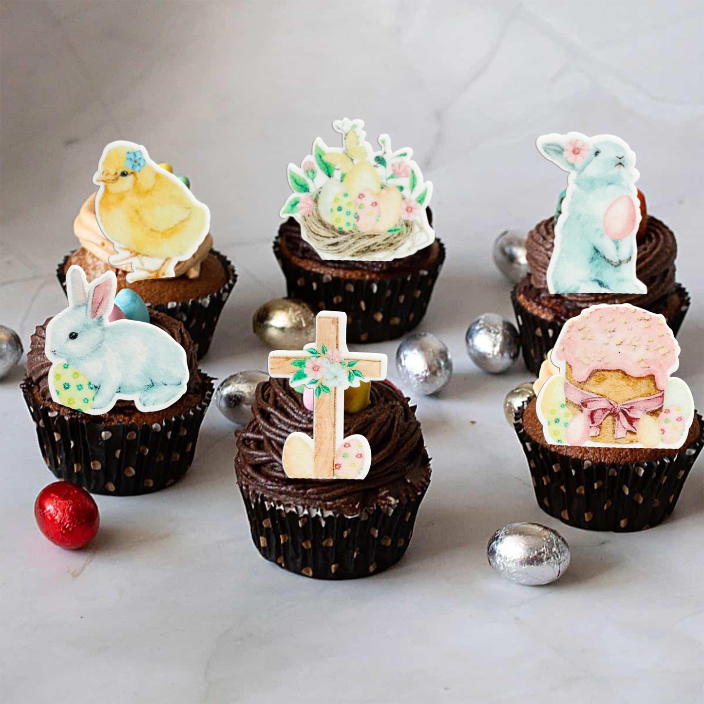 Gyufise 48Pcs Edible Happy Easter Cupcake Toppers Wafer Paper Rabbit Eggs Cupcake Picks Edible Bunny Cake Decors For Spring Theme Baby Shower Birthday Party Supplies