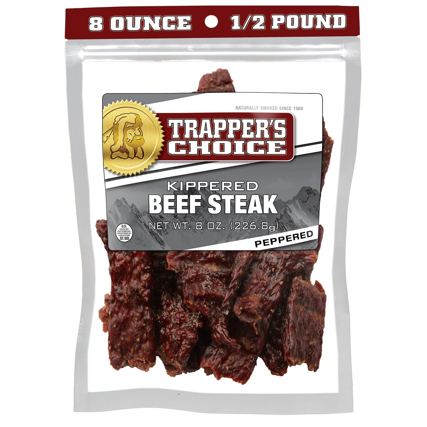 Old Trapper, Trappers Choice Peppered Kippered Steak, Eight-Ounce Individual Package, Spicy Meat Snacks, 11 Grams of Protein an