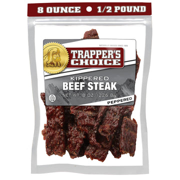 Old Trapper, Trappers Choice Peppered Kippered Steak, Eight-Ounce Individual Package, Spicy Meat Snacks, 11 Grams of Protein an