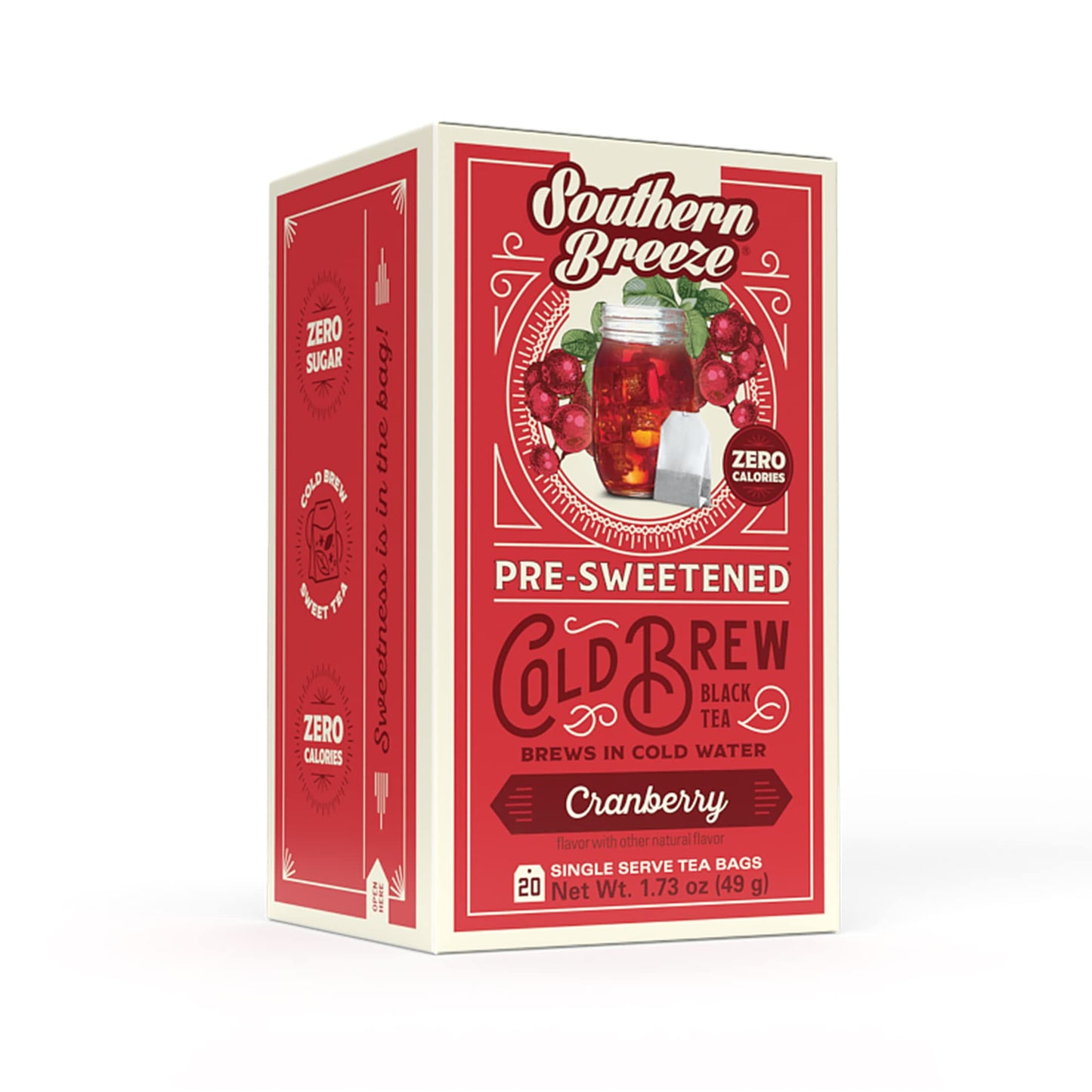 Southern Breeze Cold Brew Sweet Tea with Cranberry, Zero Carbs, Zero Sugar, 20 Individually Wrapped Tea Bags