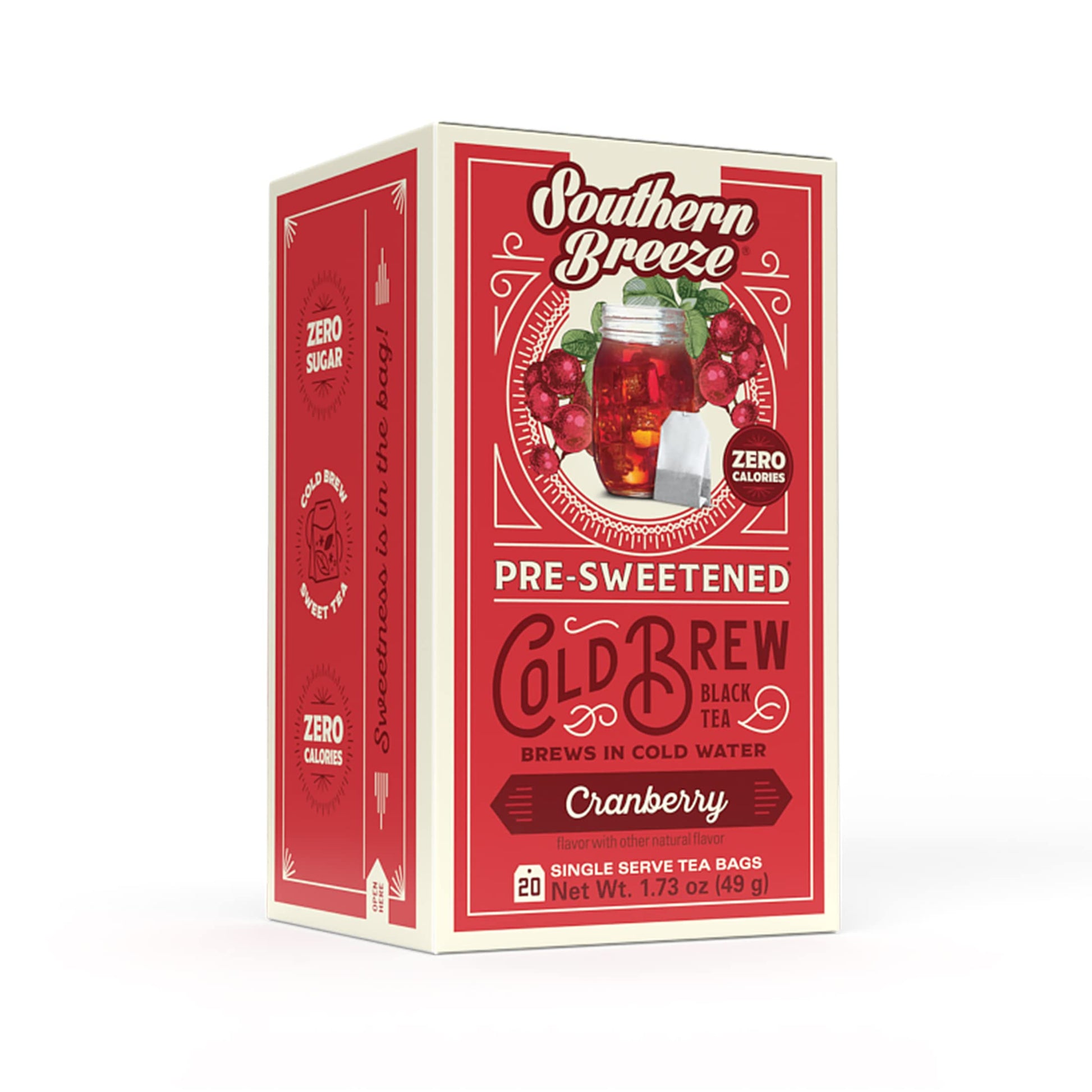 Southern Breeze Cold Brew Sweet Tea with Cranberry, Zero Carbs, Zero Sugar, 20 Individually Wrapped Tea Bags