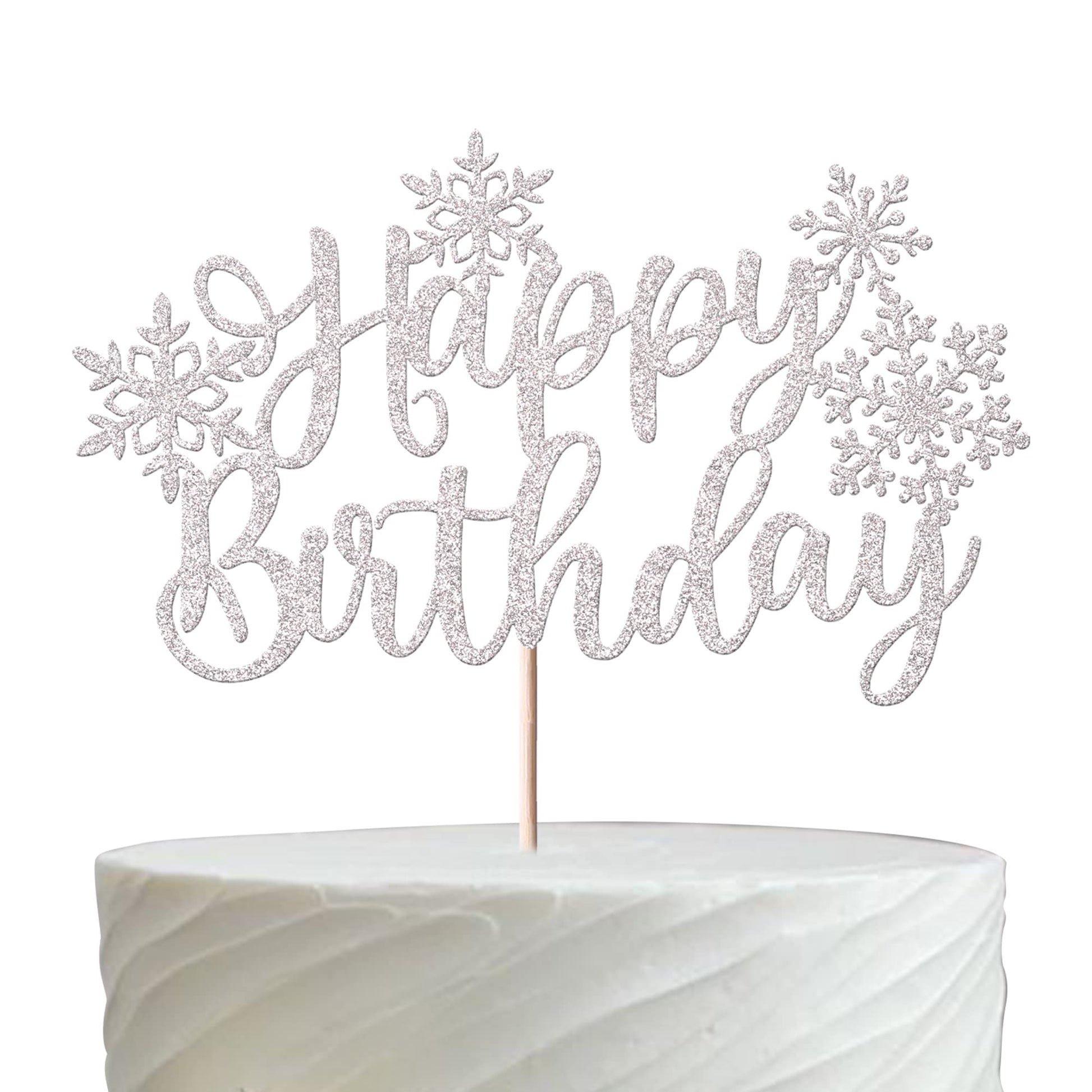 Rsstarxi Snowflake Happy Birthday Cake Topper Glitter Winter Theme Silver, Model: xm138-silver, Baby Shower Decorations