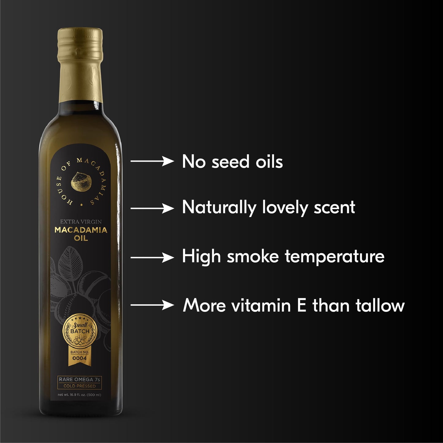 House of Macadamias  Macadamia Nut Oil  Cooking oil  enhanced Cold-Pressed Extra Virgin  16.9 fl. oz. Bottle - Keto  Vegan  Paleo  Gluten-Free  Sugar-Free