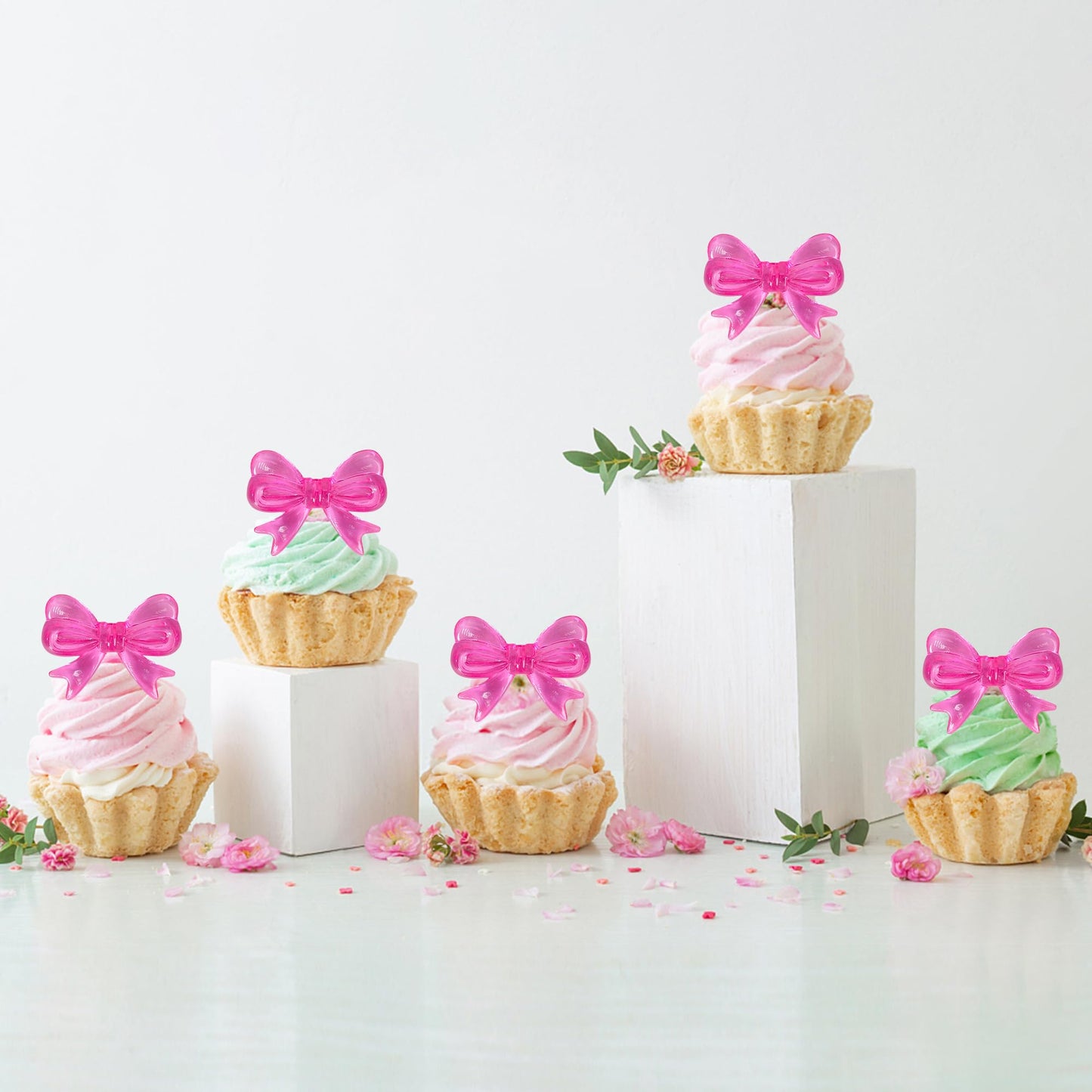YCTHUNFISH 30 Pack Pink Bow Cupcake Toppers - Acrylic Cupcake Picks for Wedding, Bridal Shower, Birthday Party - Red