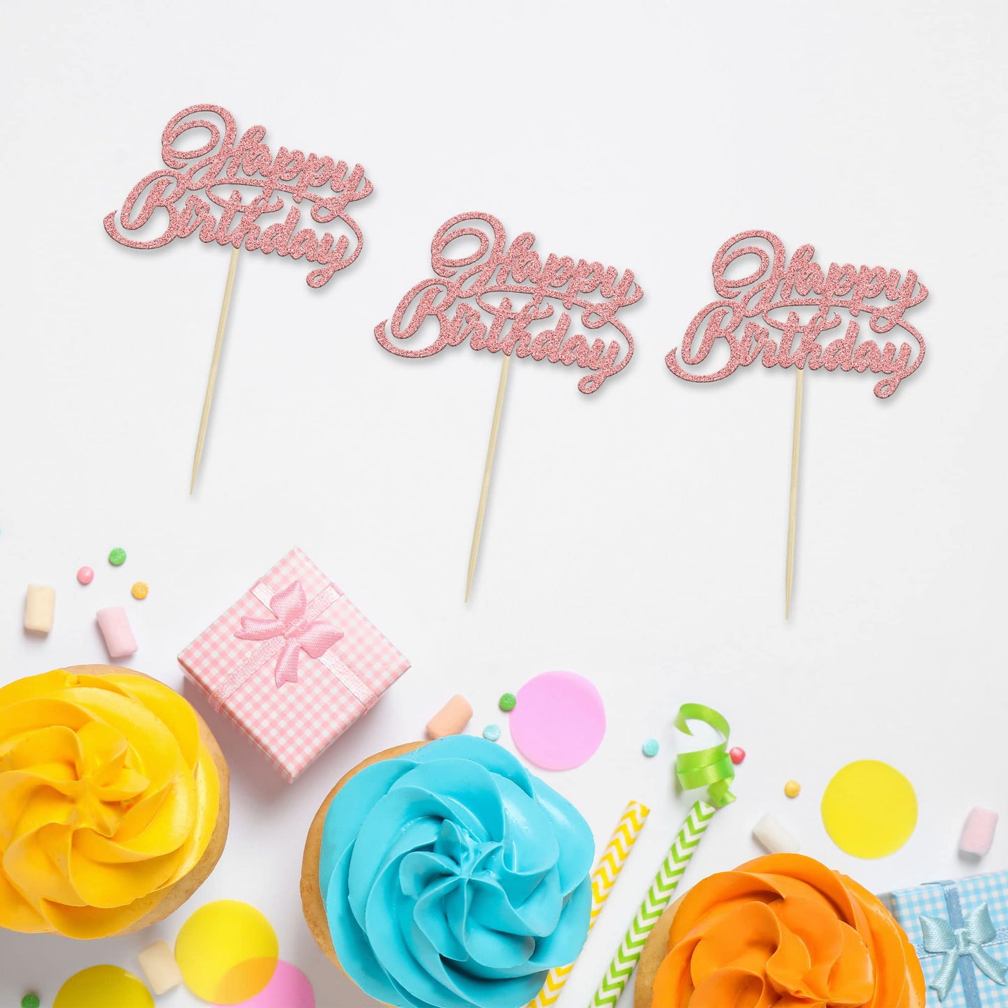24Pcs Happy Birthday Cupcake Toppers Glitter Celebrating Birthday Cupcake Picks Baby Shower Kids Birthday Party Cupcake Decorati