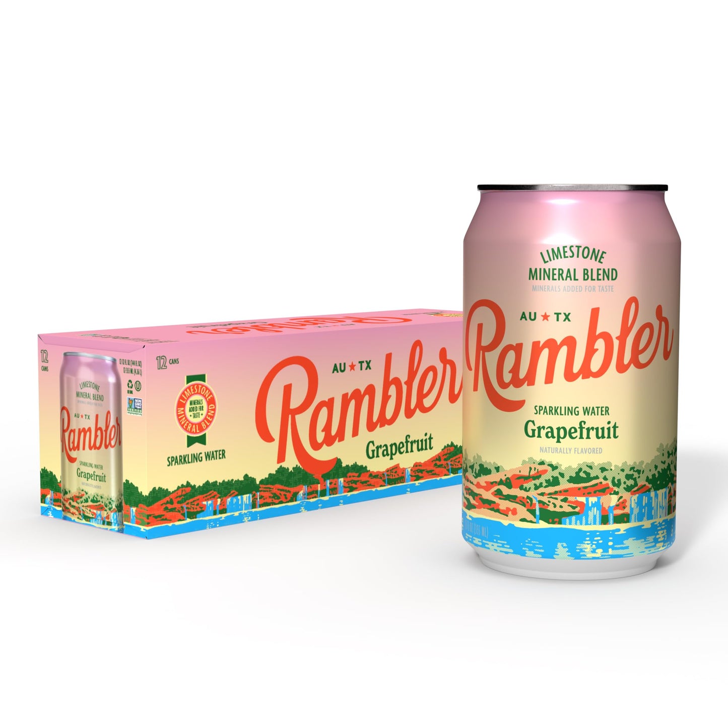 RAMBLER Grapefruit Sparkling Water, 12-Ounce Cans, 12-Pack, Texas Limestone Filtered, Model 0863944000457