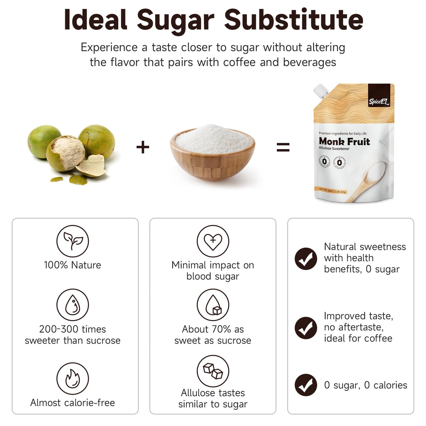 SPICEEL Monk Fruit Sweetener - White Sugar Substitute, Gluten Free, Vegan, 1lb