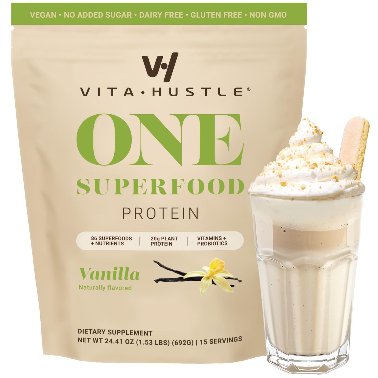 VitaHustle ONE Meal Replacement Shake - Vegan Protein Powder with Superfoods, 24 Ounce, Vanilla Flavor