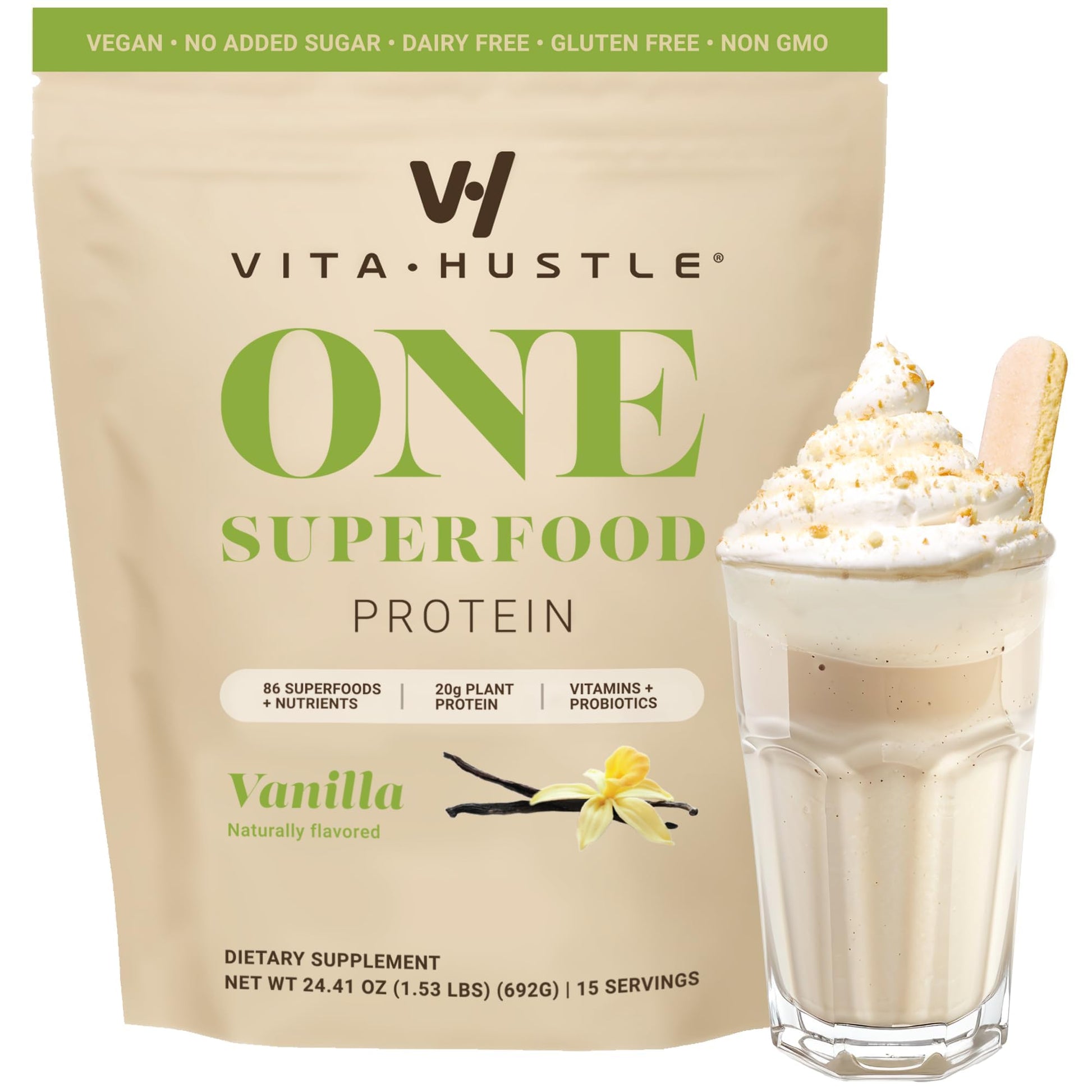VitaHustle ONE Meal Replacement Shake - Vegan Protein Powder with Superfoods, 24 Ounce, Vanilla Flavor