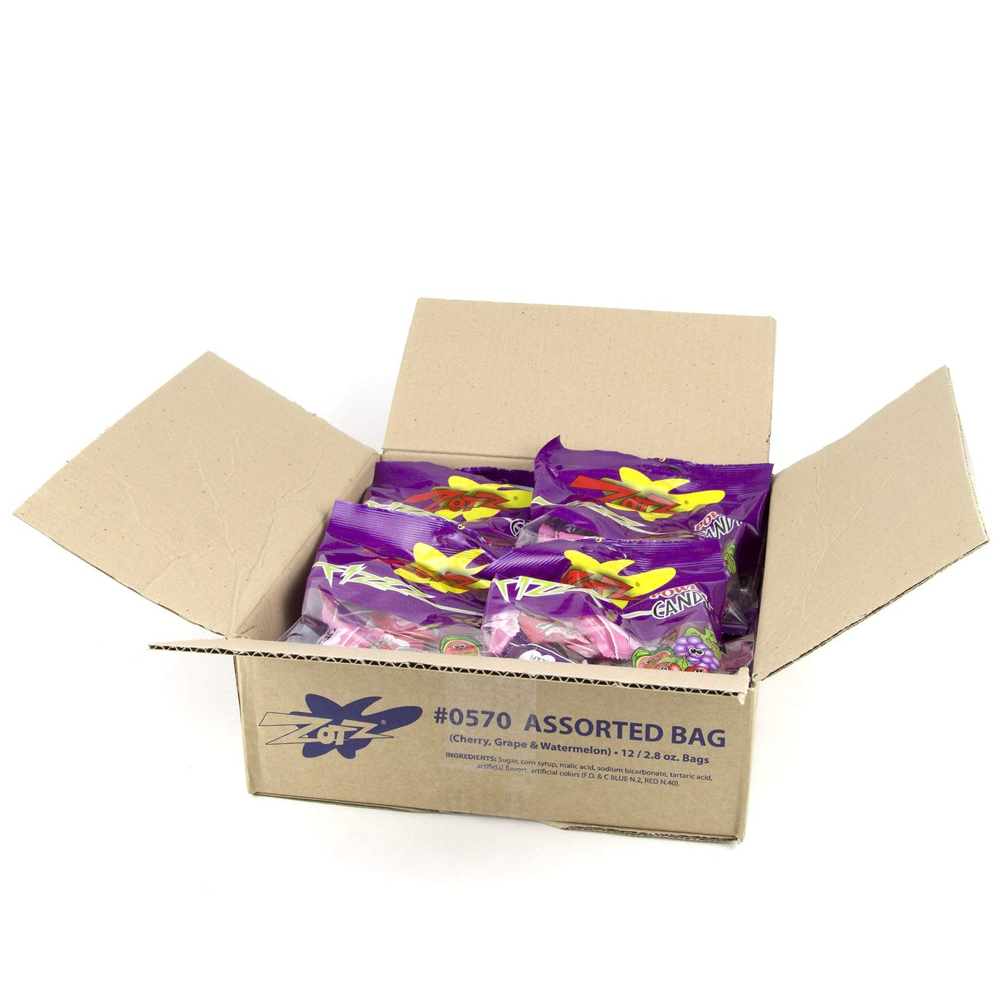 Zotz Fizz Power Candy Assorted - Fruit Flavored Hard Candy with a Fizzy Center | 80g Bag, Pack of 12 | Cherry, Grape & Watermelo