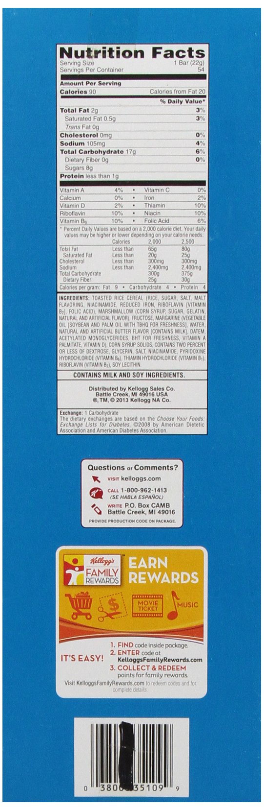 Kellogg's Rice Krispies Treats Original Crispy Marshmallow Squares .78 oz Bars - 54 Bars