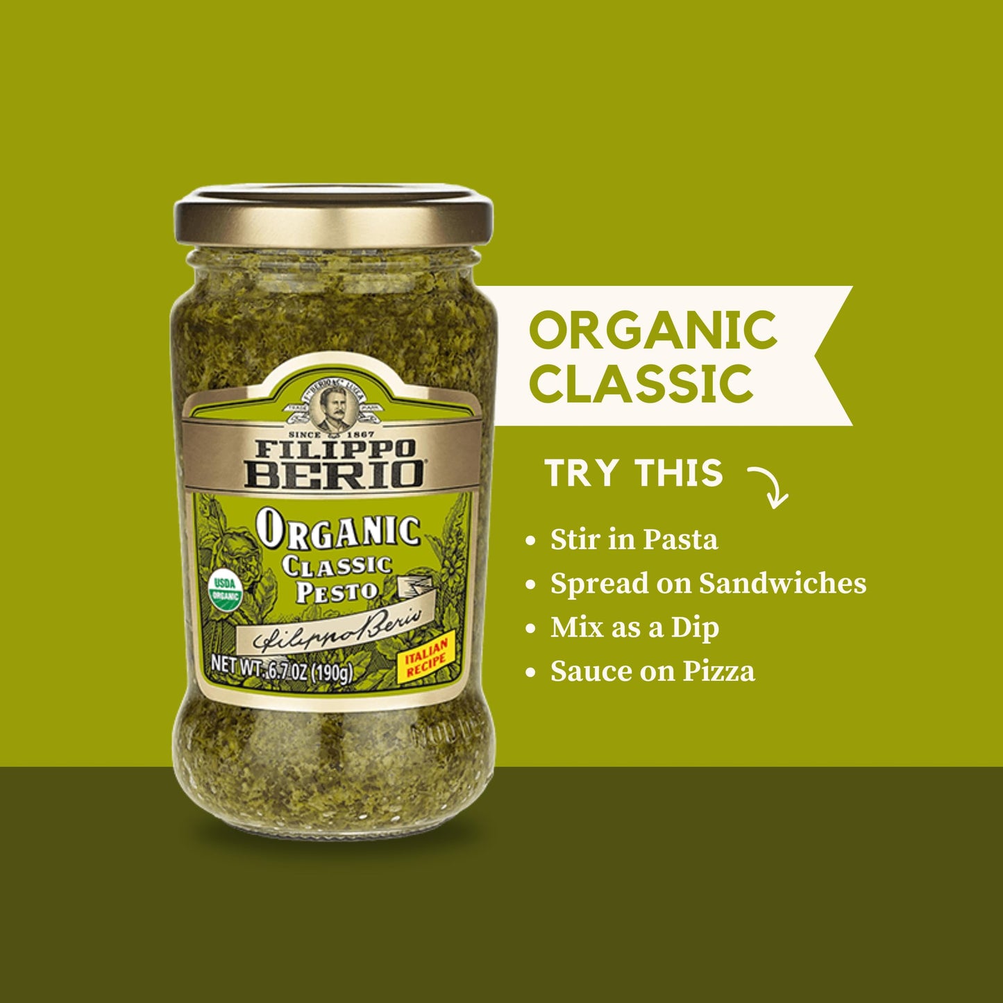 Filippo Berio Pesto, Organic Classic Basil, 6.7 Ounce Glass Jar