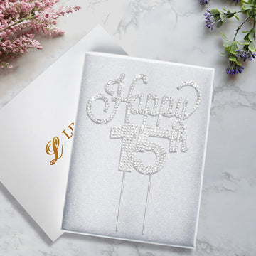 Lingteer Happy 15Th Birthday Silver Rhinestone Cake Topper - Cheers To 15Th Birthday Fifteen Years Old Party Cake Centerpieces T