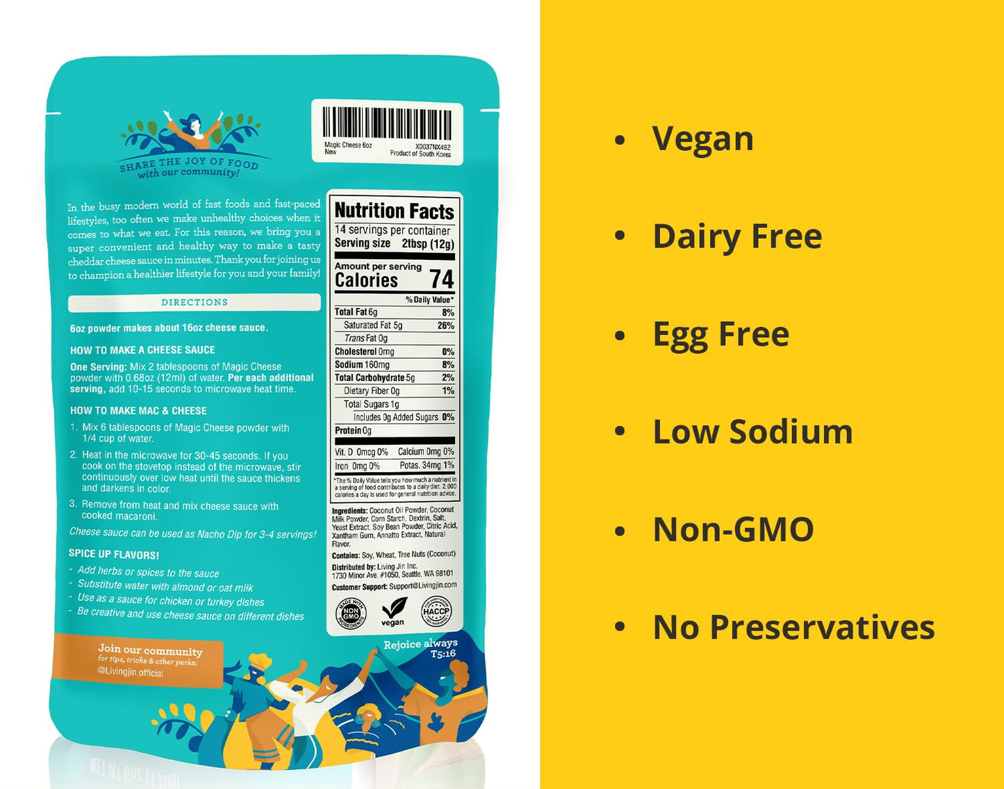 LIVING JIN Vegan Cheese Sauce Powder, Cheddar Flavor, Dairy-Free, Low Sodium, 6 Ounce Pack