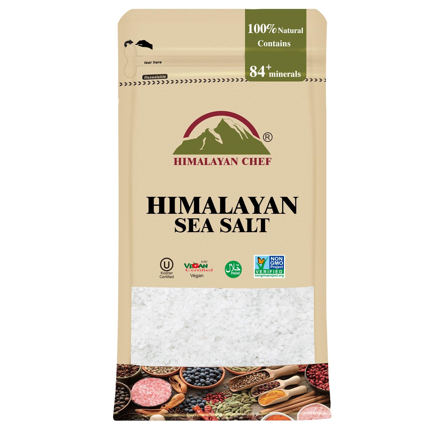Himalayan Chef Sea Salt, Coarse Grains, 48 Ounce Resealable Bag - All Natural and Hand Harvested Unrefined Salt, Gluten Free, No