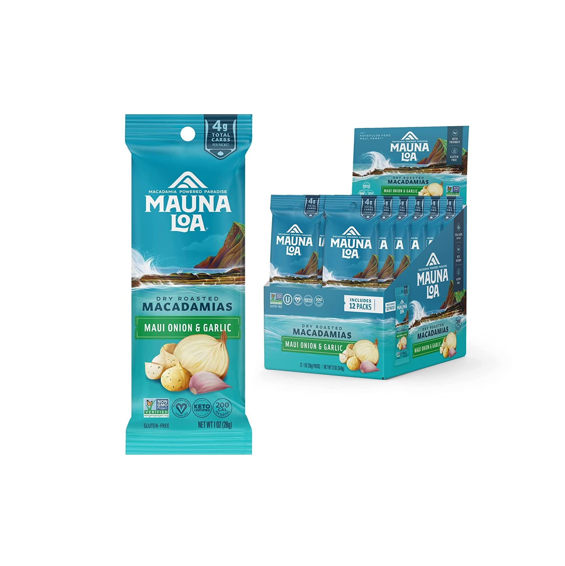 Macadamia Nuts, Garlic Onion Flavor, Snack Mac Mini Pouches, Single Serve 1 Oz Bags (Pack of 12)