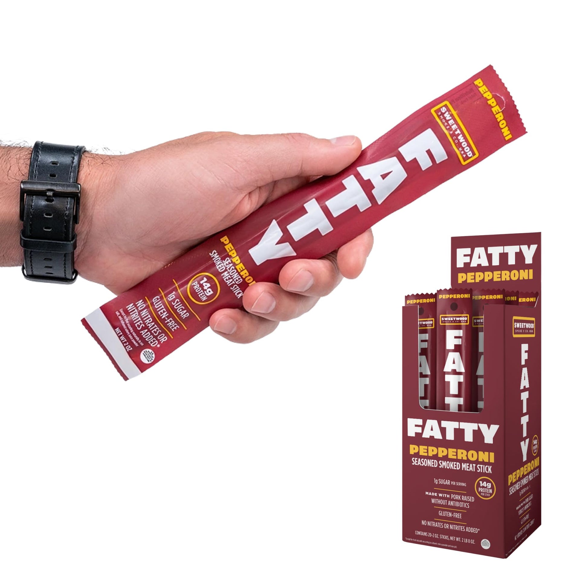 American Made Sweetwood Smokehouse FATTY Meat Sticks, Grass-Fed Beef, High Protein Snack, 2 Ounce (Pack of 20), Gluten Free
