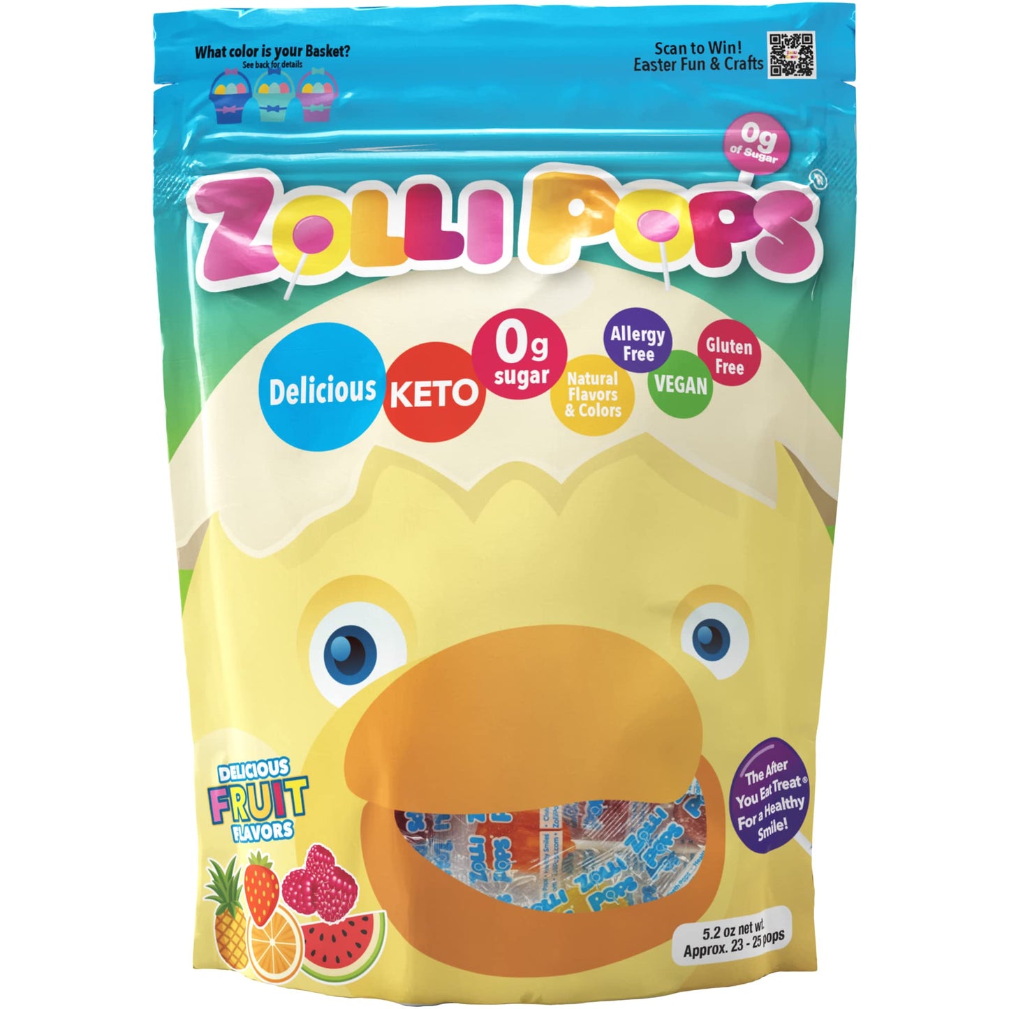 Zollipops Easter Fruit Assorted 5.2oz (Chick) - Celebrate Easter with Assorted Fruit Flavors in a Chick-Shaped Pack for a Dental