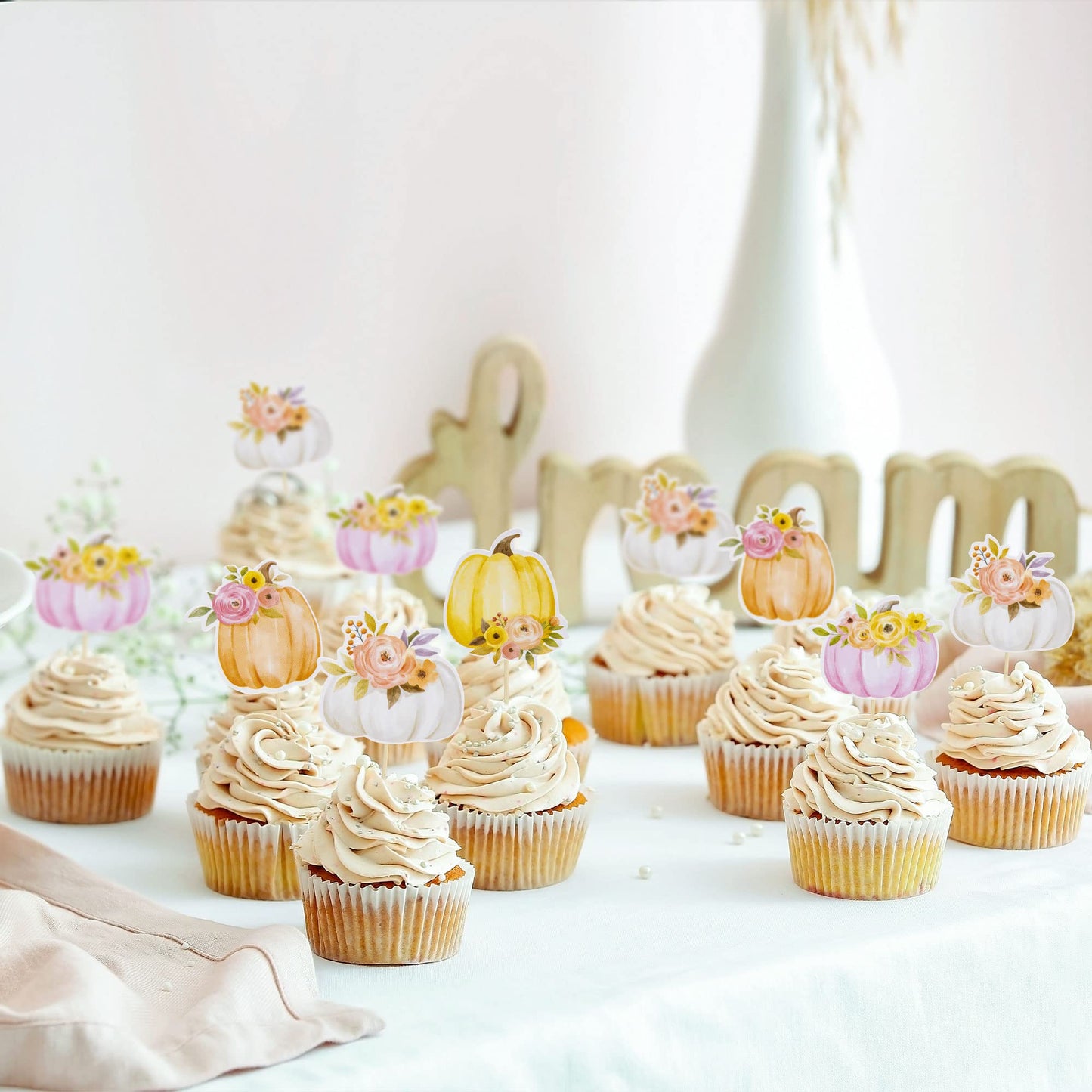 Gyufise 36Pcs Little Pumpkin Cupcake Toppers Fall Baby Shower Decorations Floral Pumpkin Cake Toppers For Thanksgiving Fall Baby
