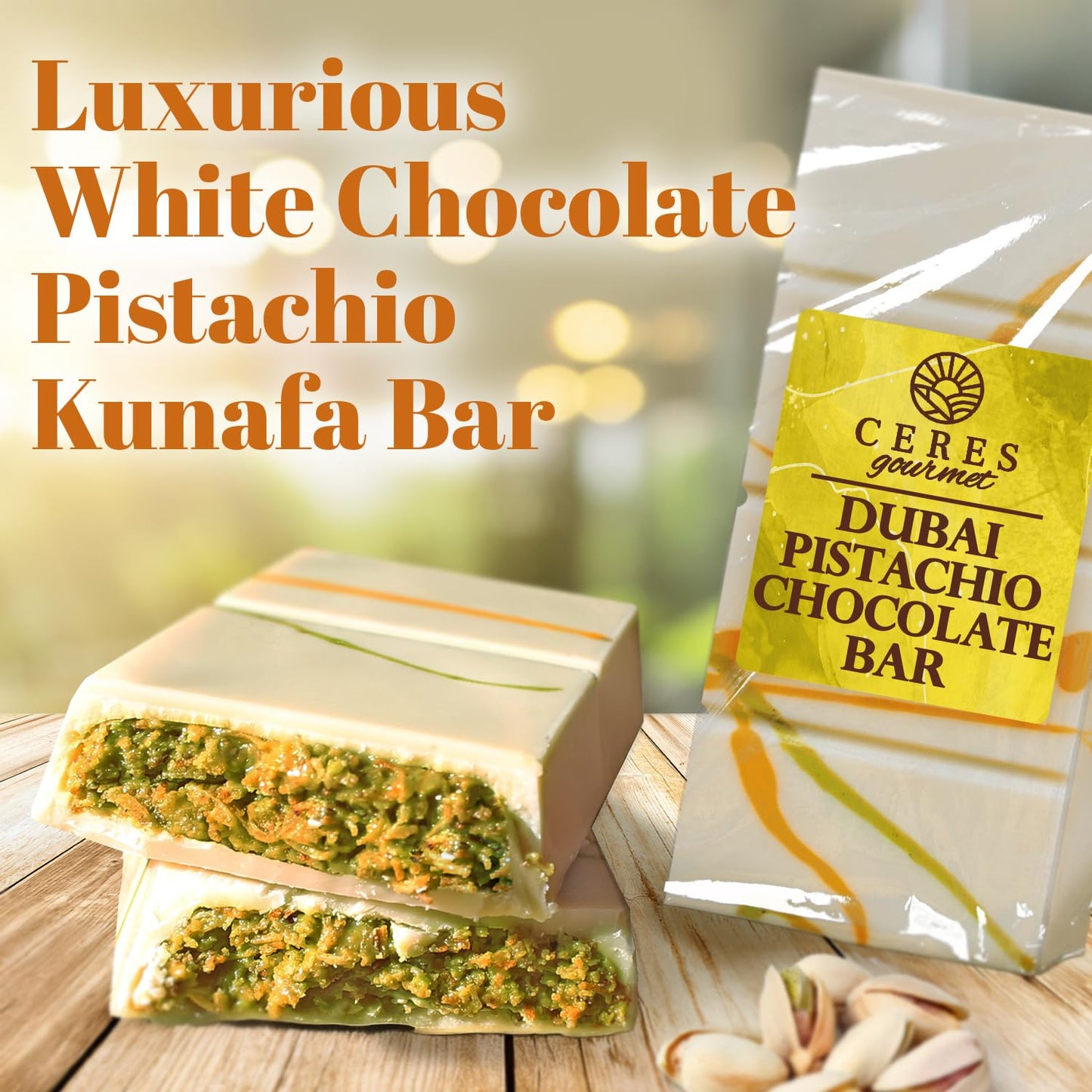 Ceres Gourmet Dubai Chocolate Bar Pistachio 3.5 Oz With White Chocolate Knafeh, Perfectly Portioned Packaging Dubai Chocolate, P
